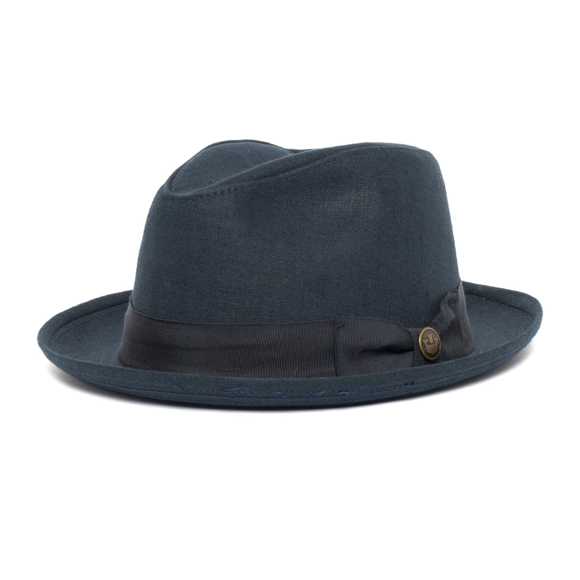 Goorin Bros. dan pines center dent medium brim linen fedora hat Navy left side view