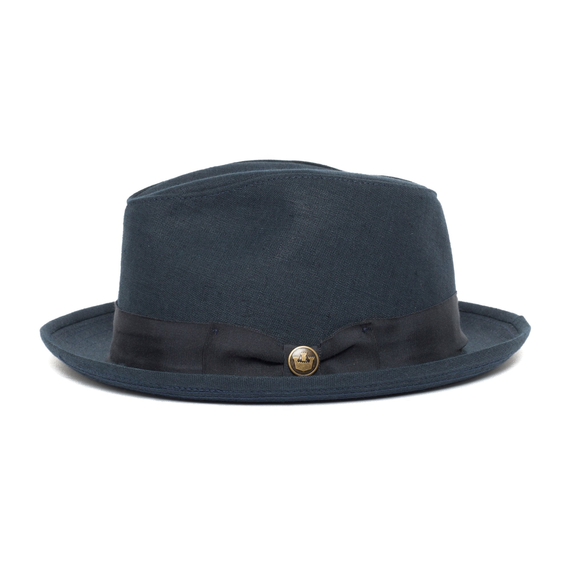 Goorin Bros. dan pines center dent medium brim linen fedora hat Navy side view