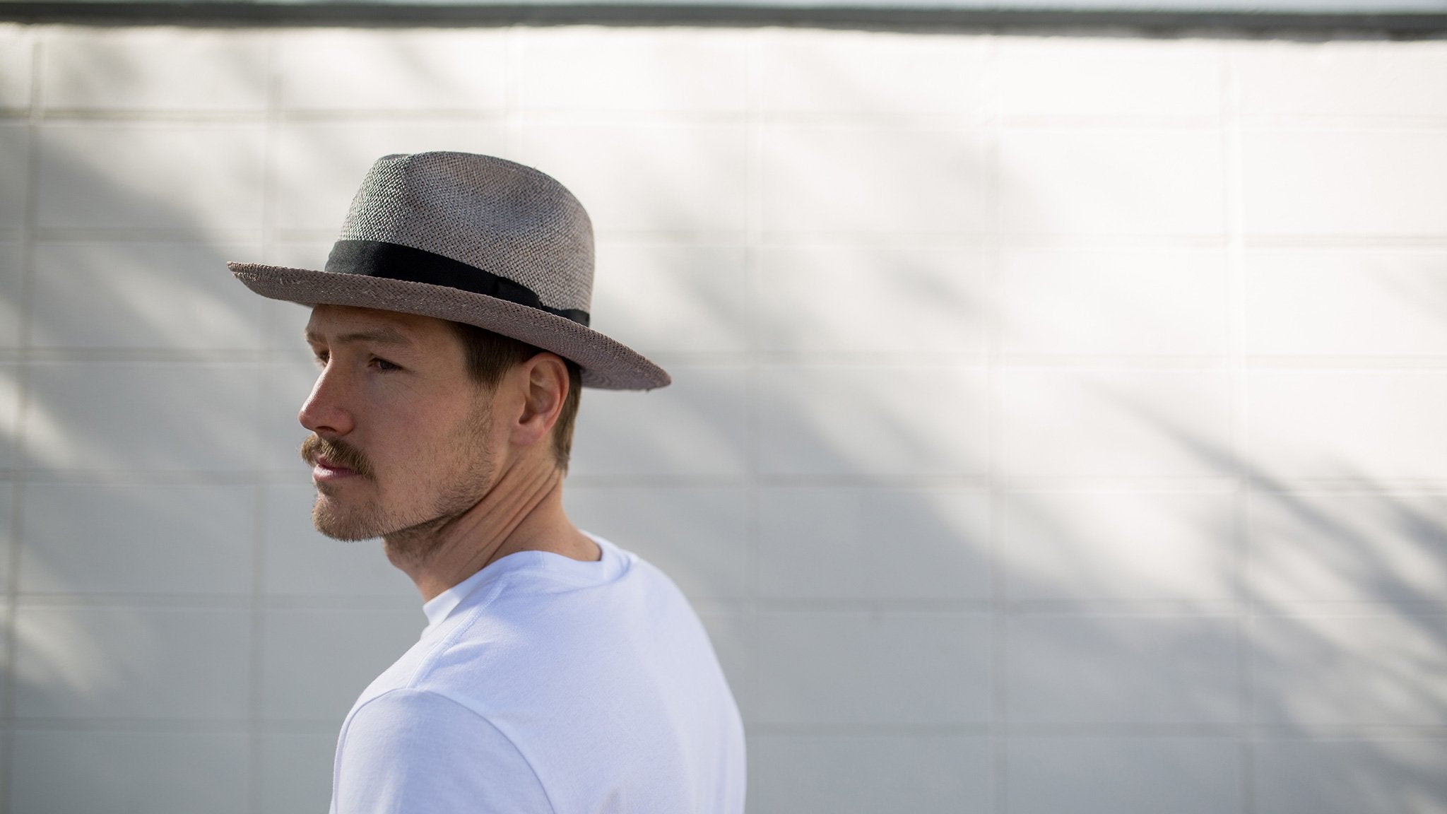 Goorin Bros. puerto lopez center dent wide brim straw fedora hat Grey hero shot on male model