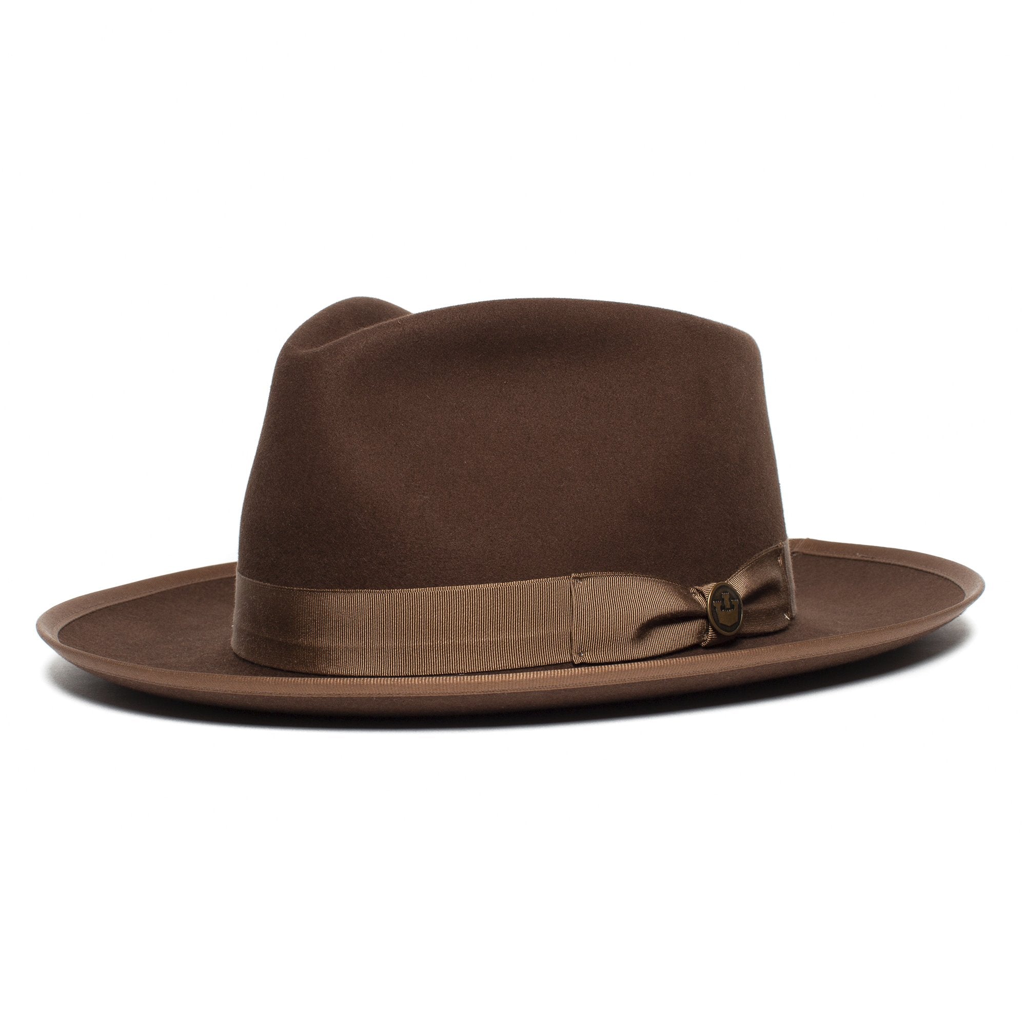 Goorin Bros. river gray teardrop wide brim felt fedora hat Brown left side view