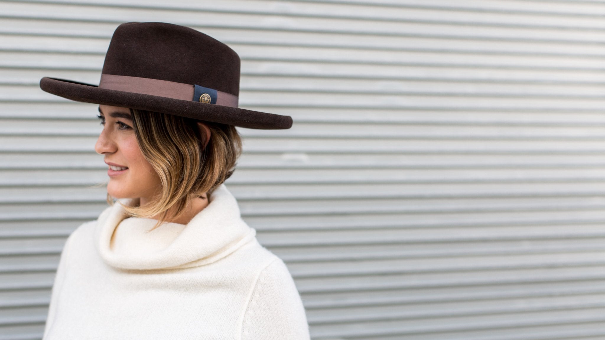Goorin Bros. colonel pierce teardrop wide brim felt fedora hat Dark Brown hero shot on female model