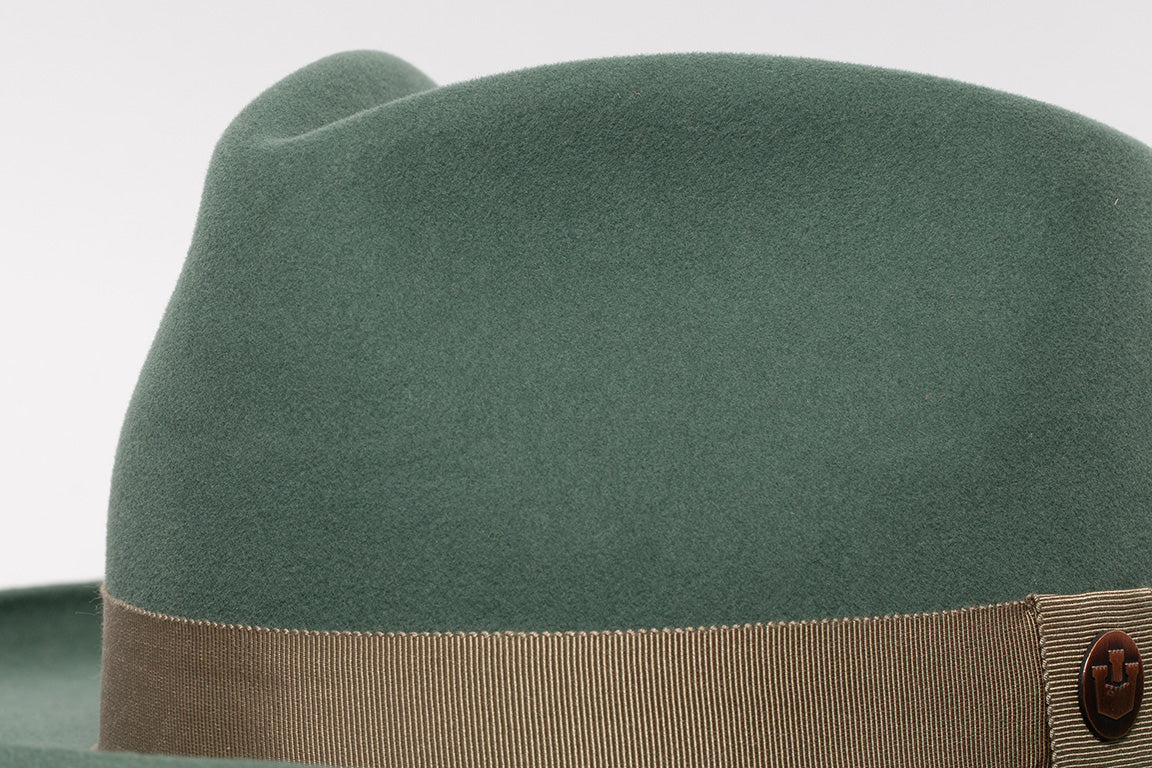 Goorin Bros. colonel pierce teardrop wide brim felt fedora hat Olive Crown Detail