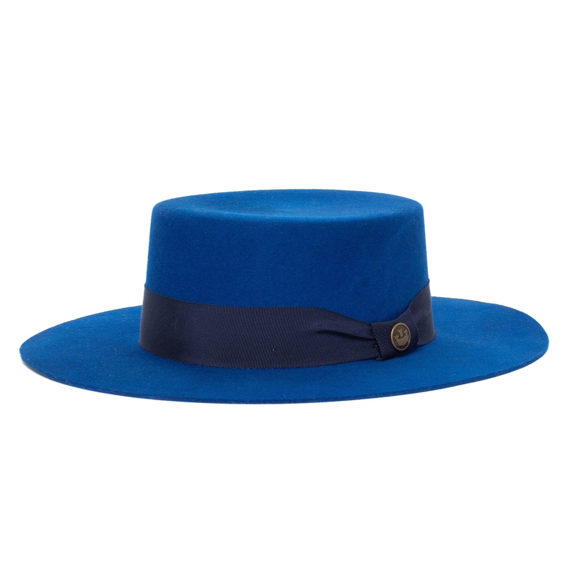 Goorin Bros. trumpet blues flat top wide brim felt gaucho fedora hat Blue left side view
