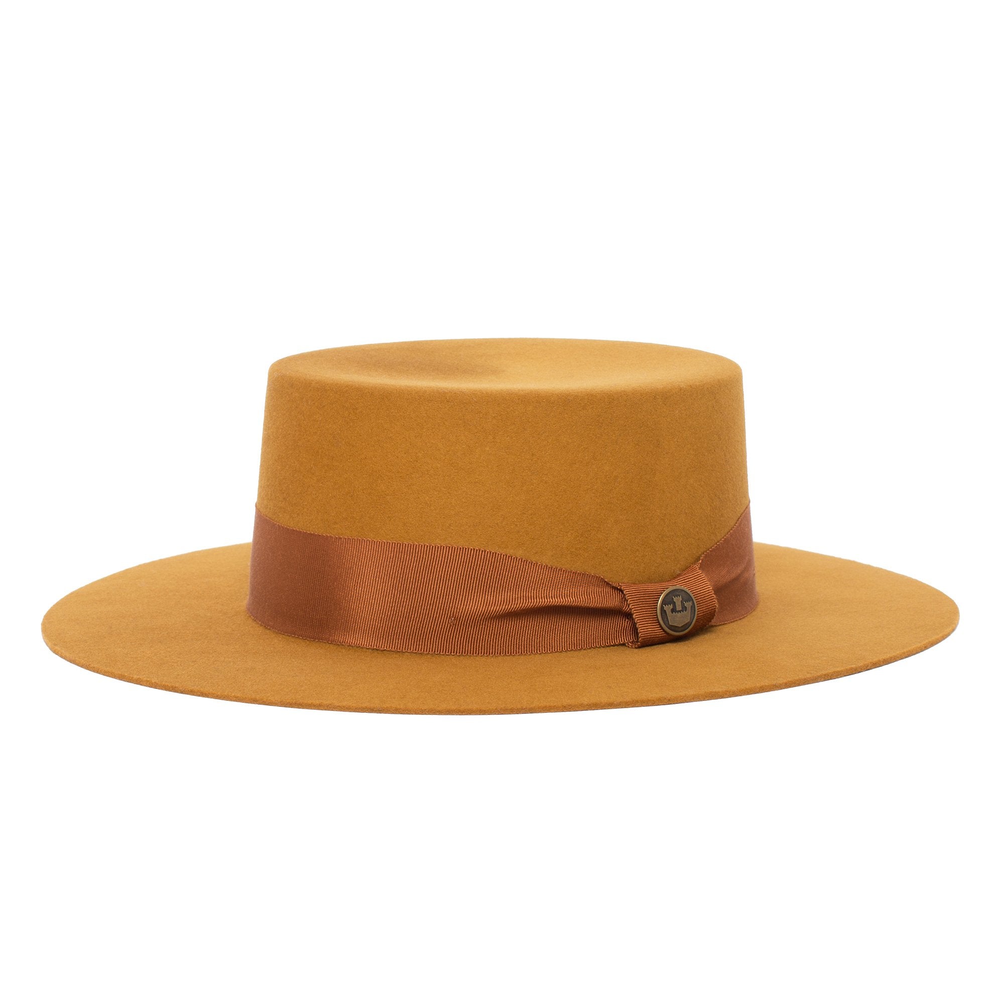 Goorin Bros. trumpet blues flat top wide brim felt gaucho fedora hat Whiskey left side view