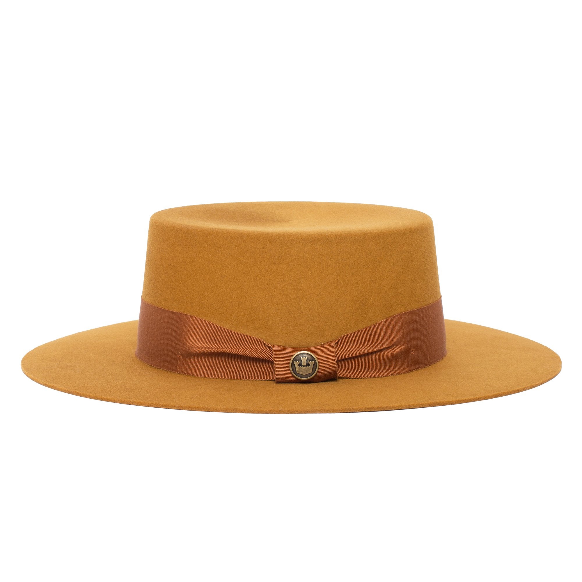Goorin Bros. trumpet blues flat top wide brim felt gaucho fedora hat Whiskey side view