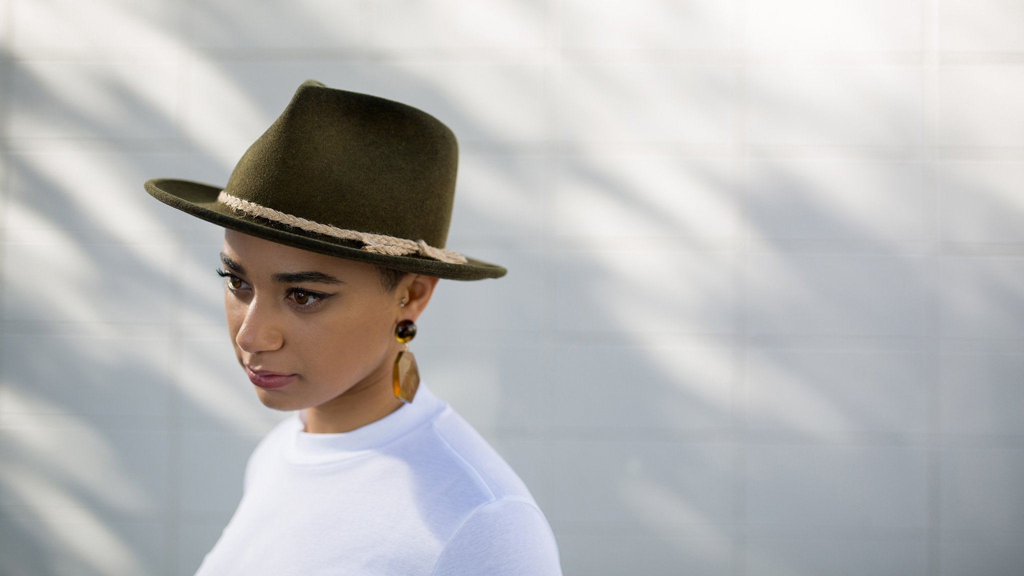Goorin Bros. higher country teardrop wide brim felt fedora hat Olive hero shot on female model