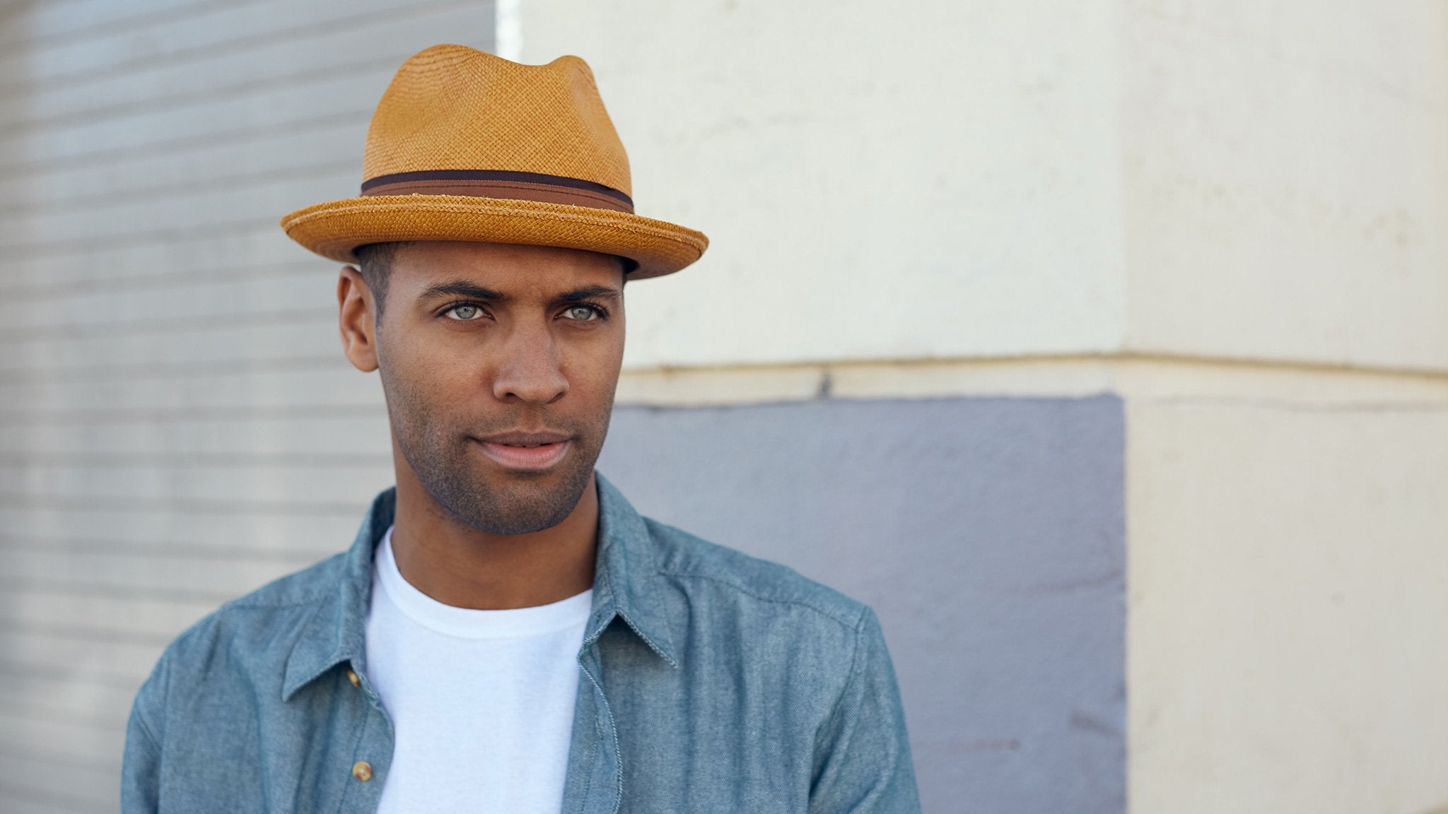 Goorin Bros. eberline center dent medium brim straw fedora hat Whiskey hero shot on male model