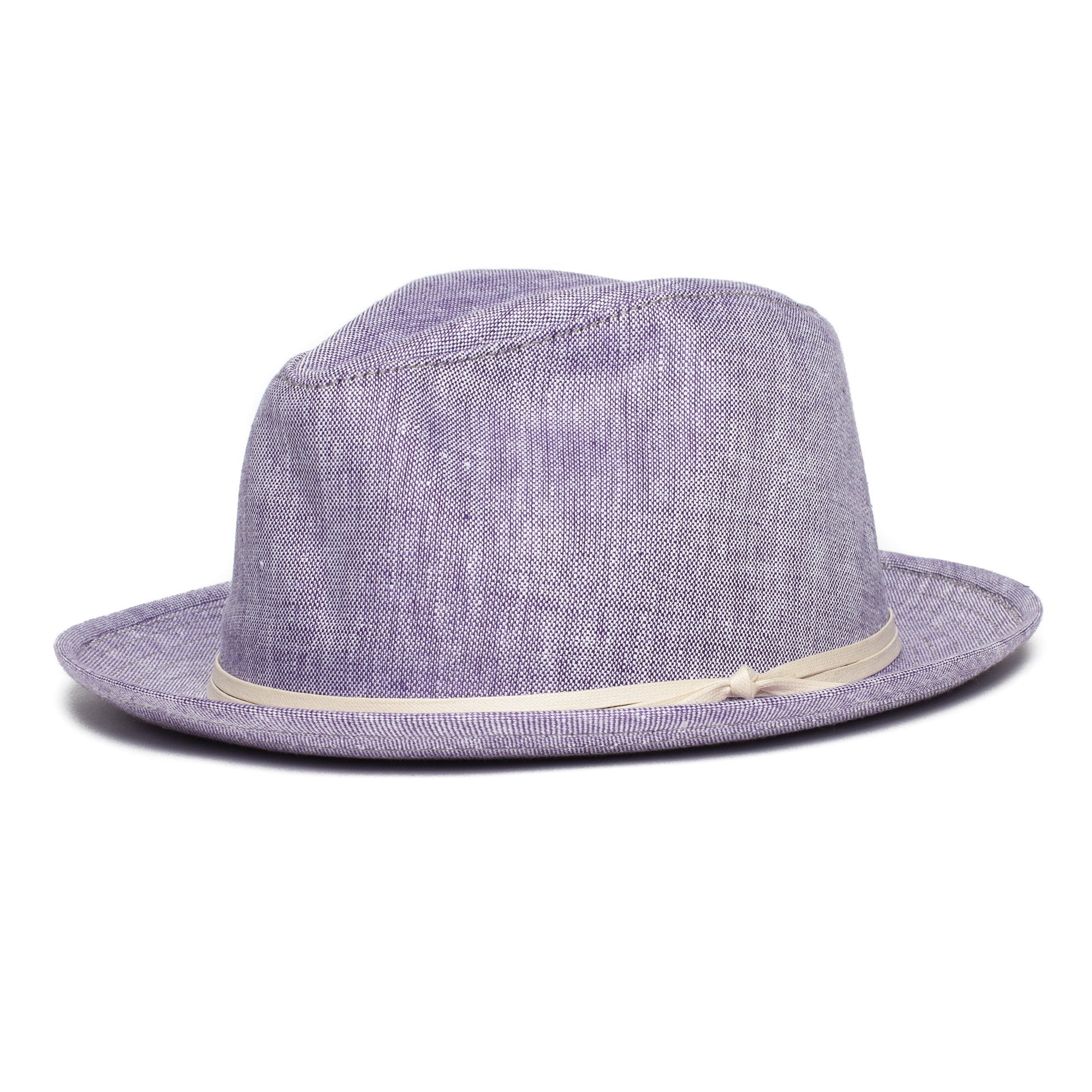 Goorin Bros. ebenezer center dent medium brim linen fedora hat Purple left side view
