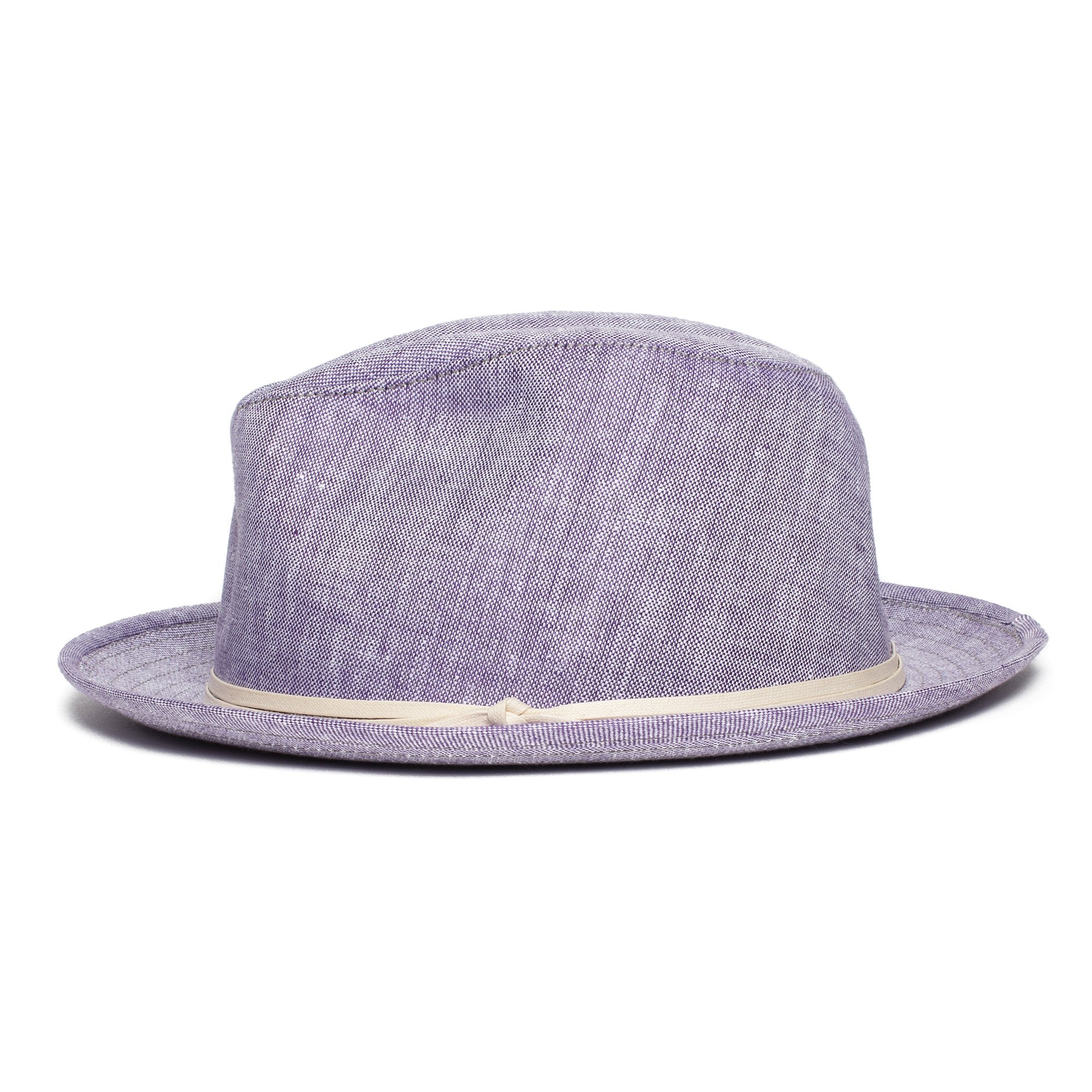 Goorin Bros. ebenezer center dent medium brim linen fedora hat Purple side view