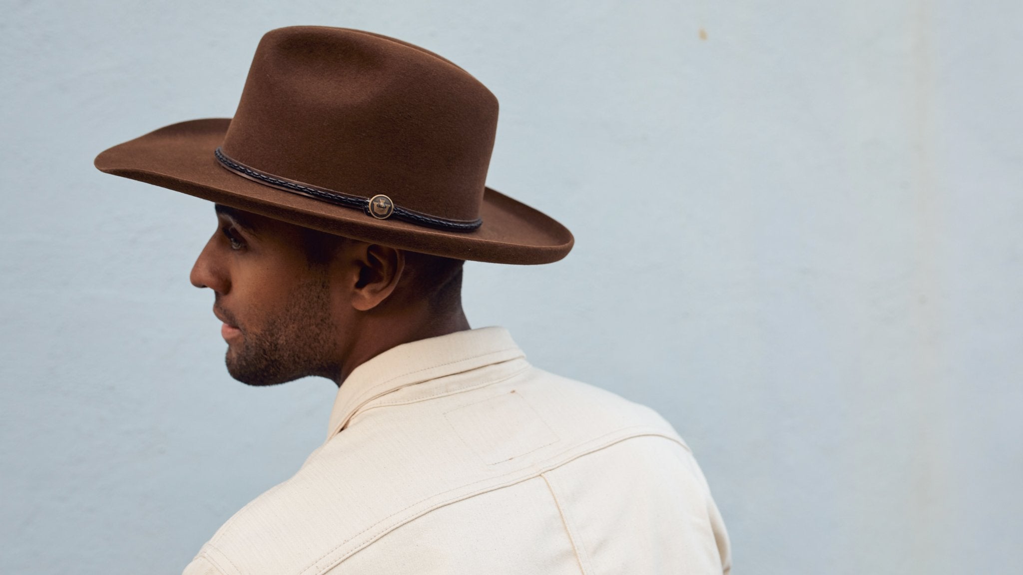 Goorin Bros. big daddy wool wide brim fedora Whiskey hero shot on male model
