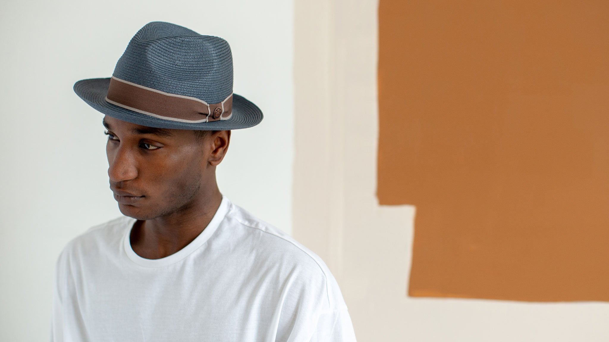 Goorin Bros. legend paper diamond porkpie fedora Navy hero shot on male model