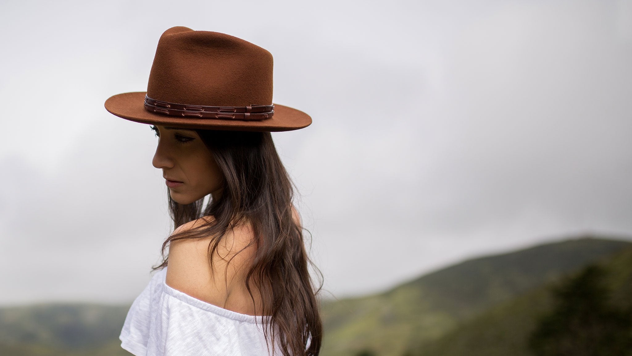Goorin Bros. deep river wool fedora Rust hero shot on female model