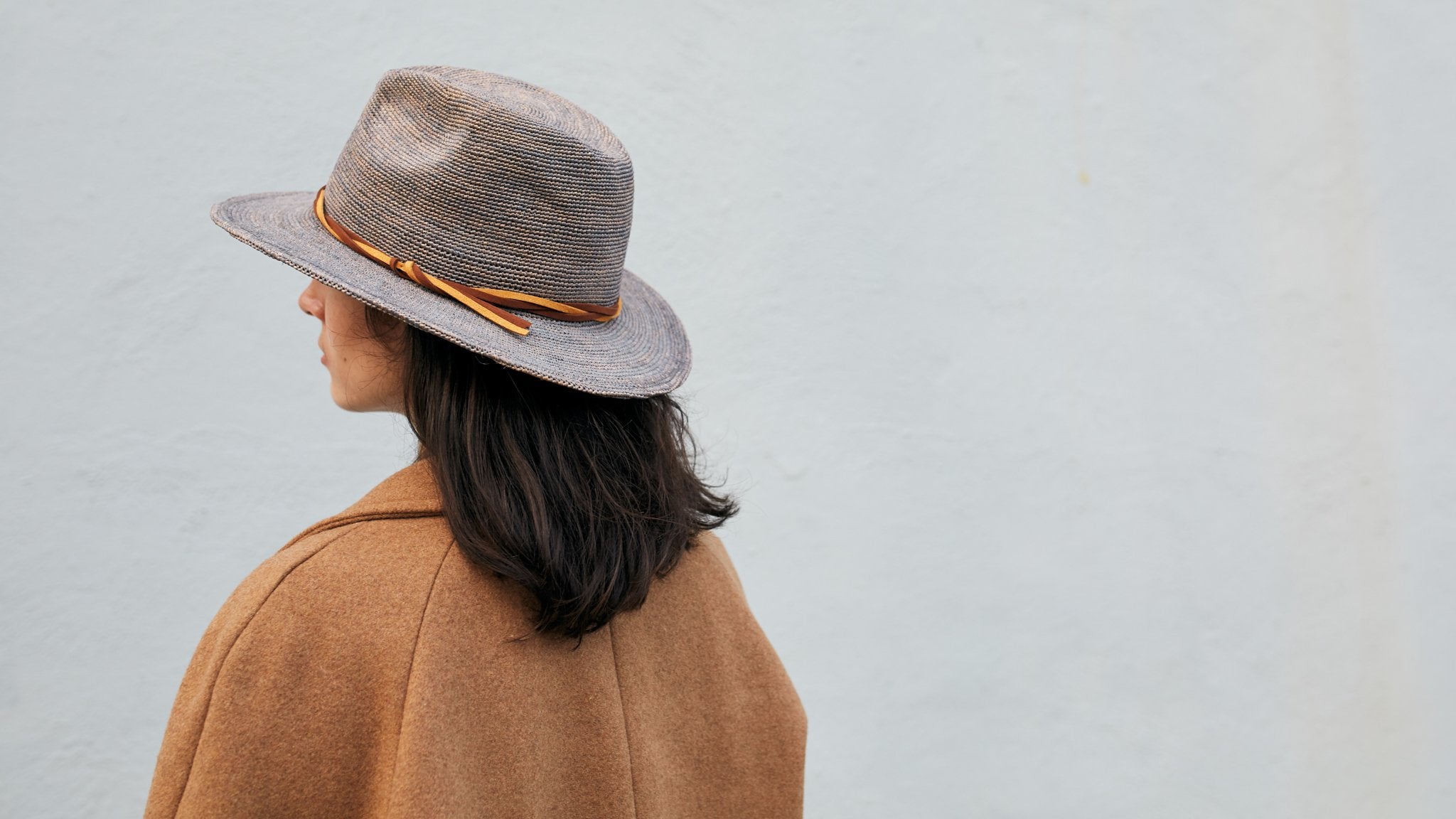 Goorin Bros. blueberry haze center dent wide brim straw fedora hat Grey hero shot on female model