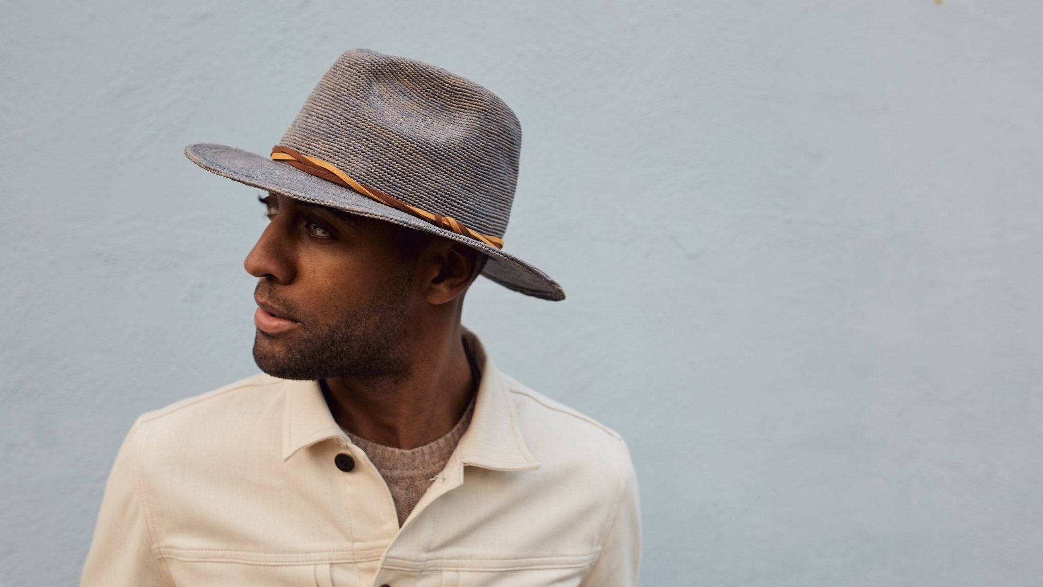 Goorin Bros. blueberry haze center dent wide brim straw fedora hat Grey hero shot on male model