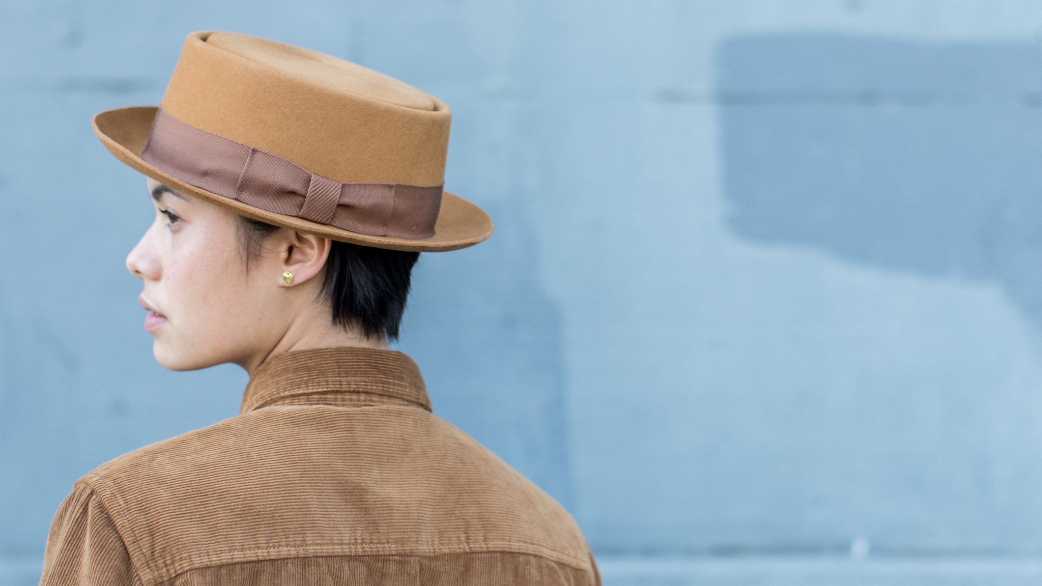 Goorin Bros. top brass wool porkpie Oak hero shot on female model