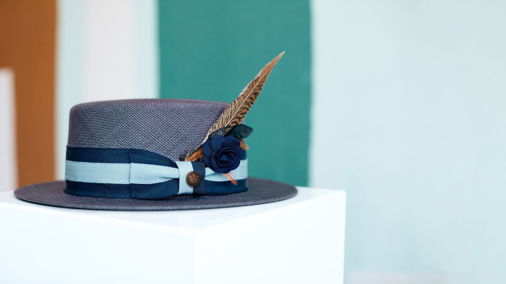 Goorin Bros. dawson tate straw diamond porkpie fedora Blue hero shot on female model
