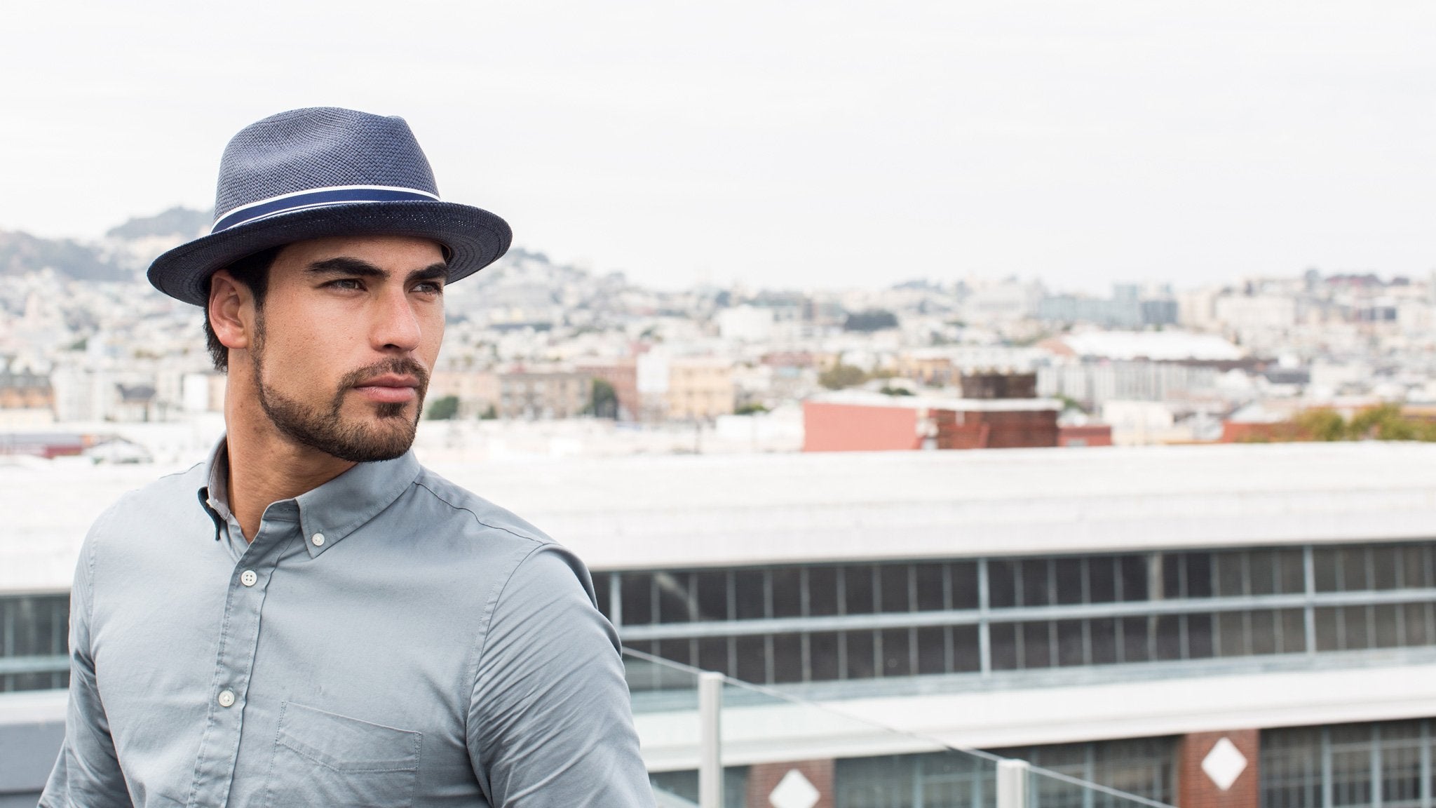 Goorin Bros. odis lee teardrop medium brim straw fedora hat Navy hero shot on male model