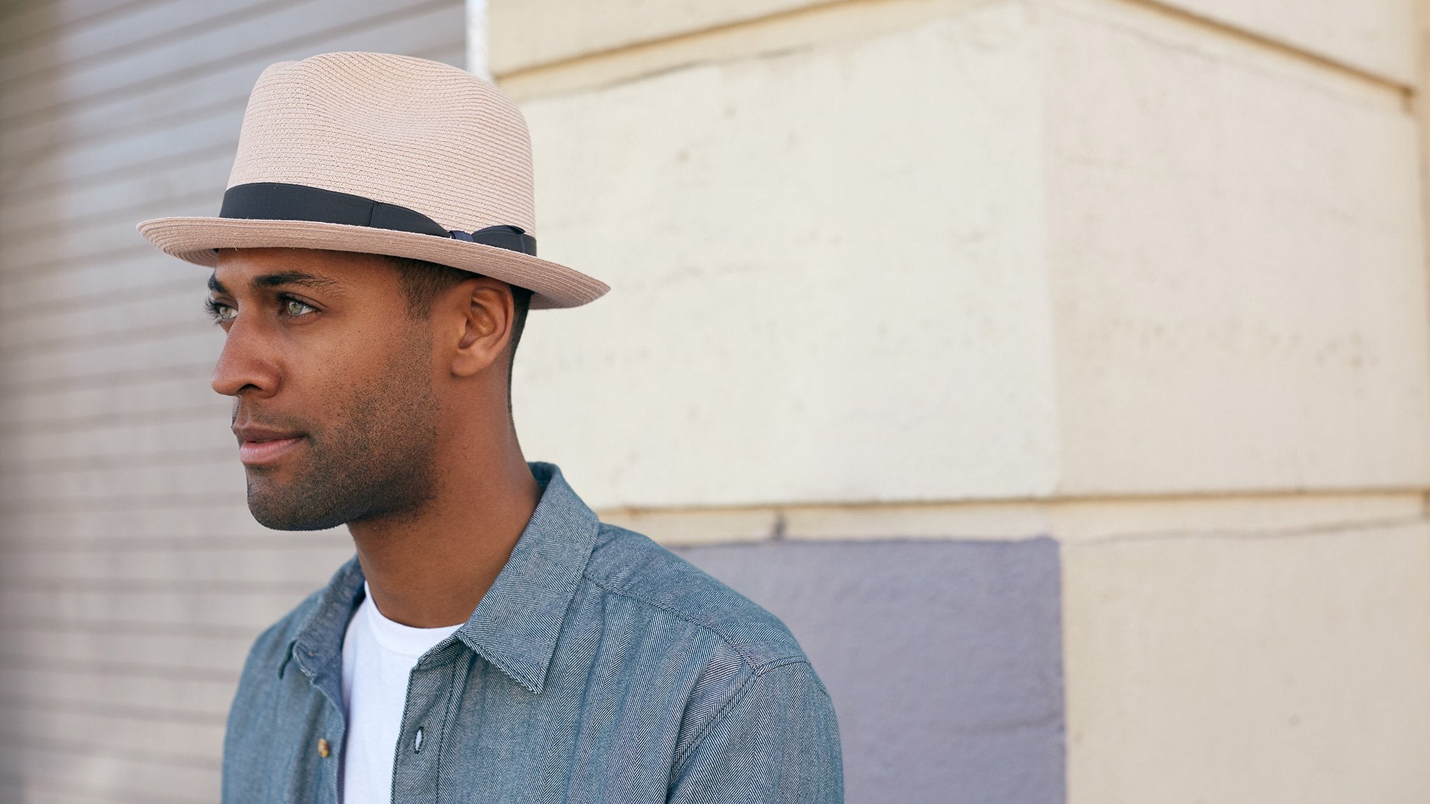 Goorin Bros. the gilder center dent medium brim straw fedora hat Pink hero shot on male model