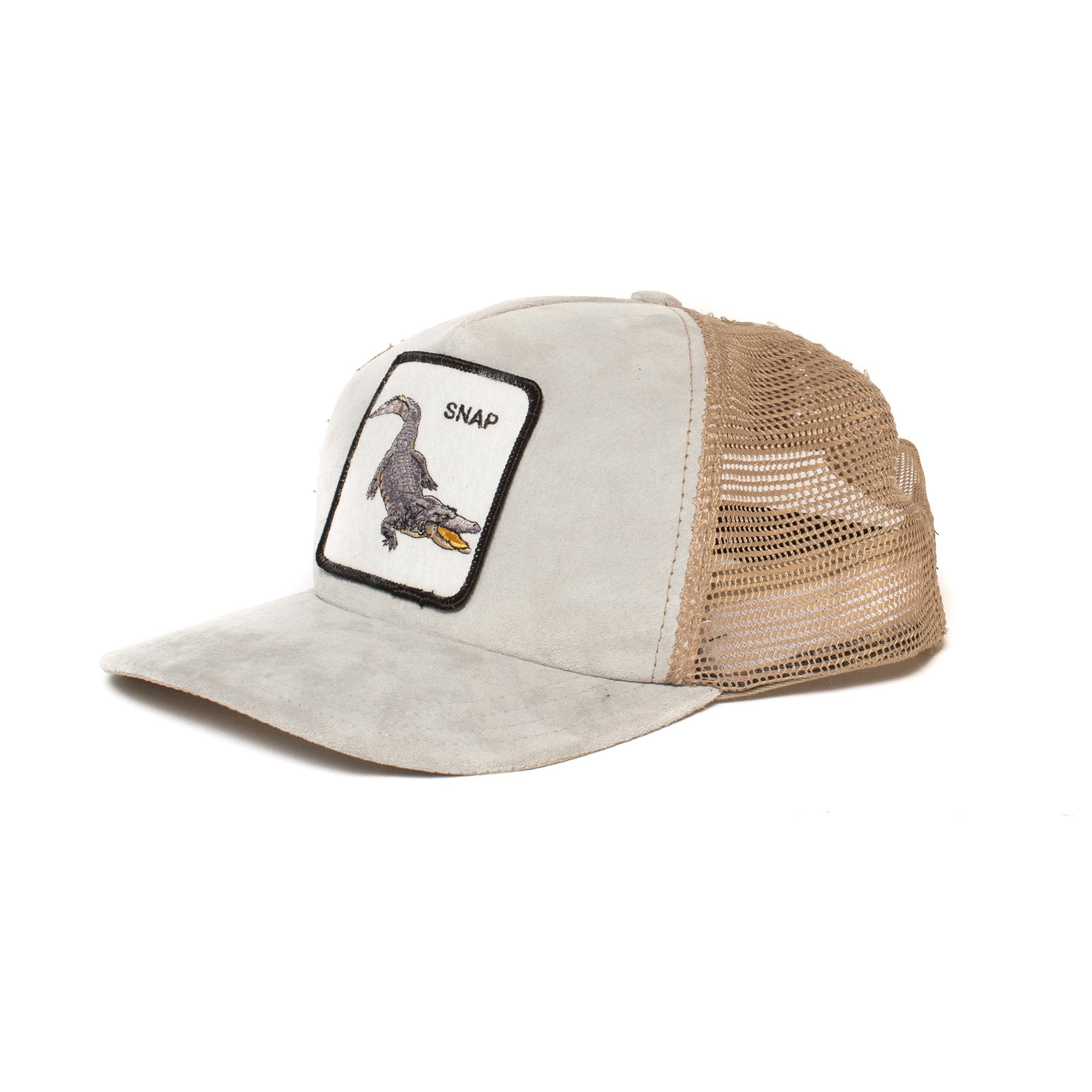 Goorin Bros. crocodile suede 5 panel trucker baseball cap Grey left side view