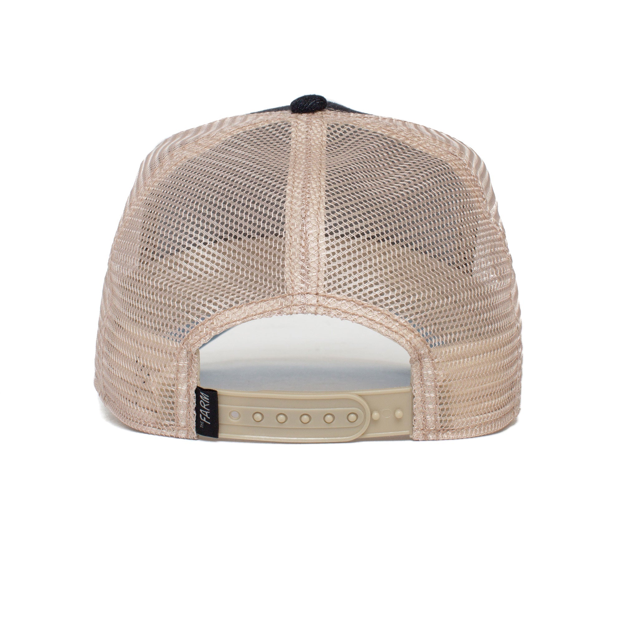 The GOAT beige mesh trucker hat seen from the back, featuring a durable adjustable snapback closure that resists fading.