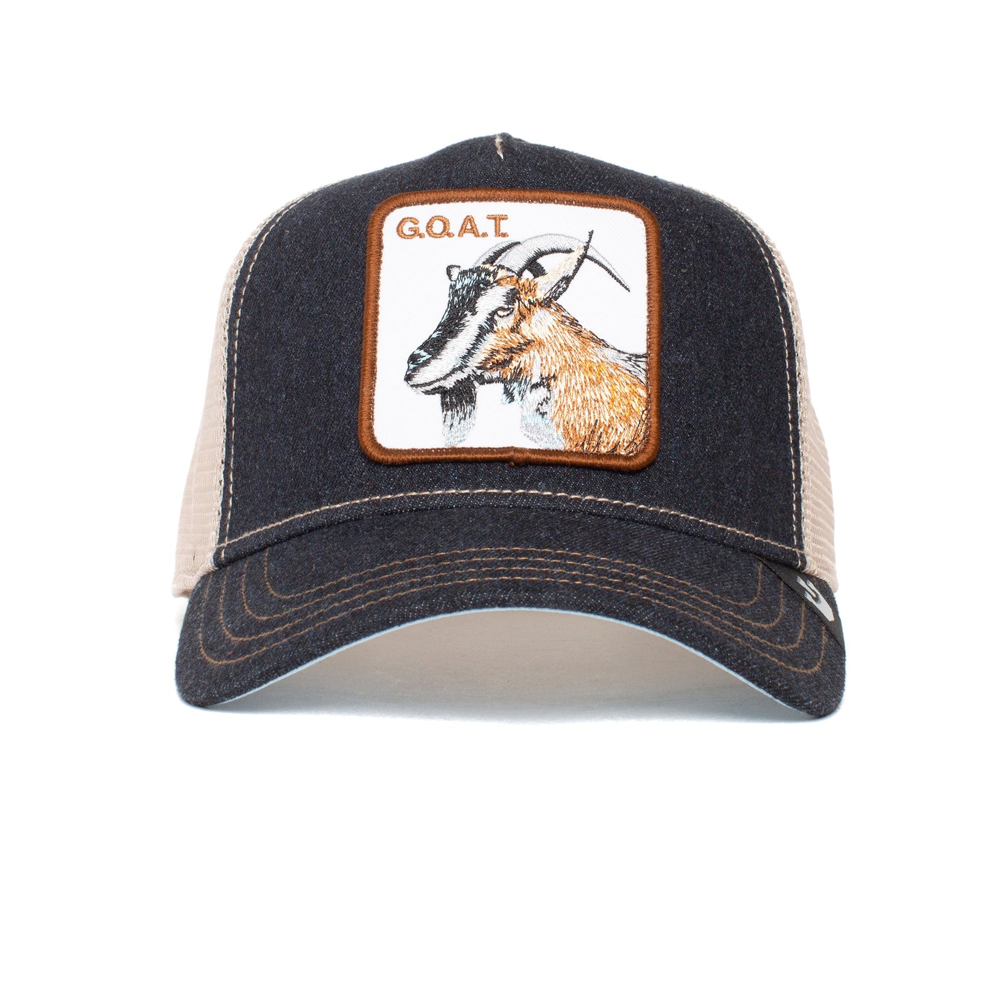 The GOAT is a charcoal trucker hat featuring a G.O.A.T. goat patch on the front, perfect for bold, playful style.