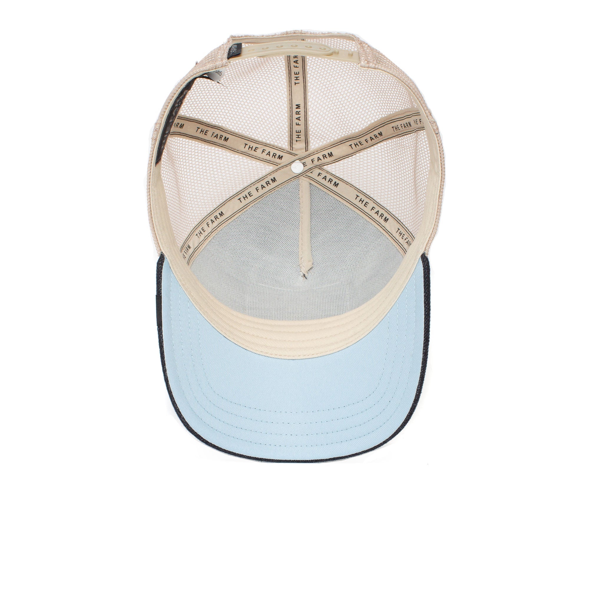 A stylish beige mesh trucker hat, The GOAT, seen from above with a light blue bill and THE FARM on the inner bands. Over time, colors may fade, giving this unique accessory extra character.