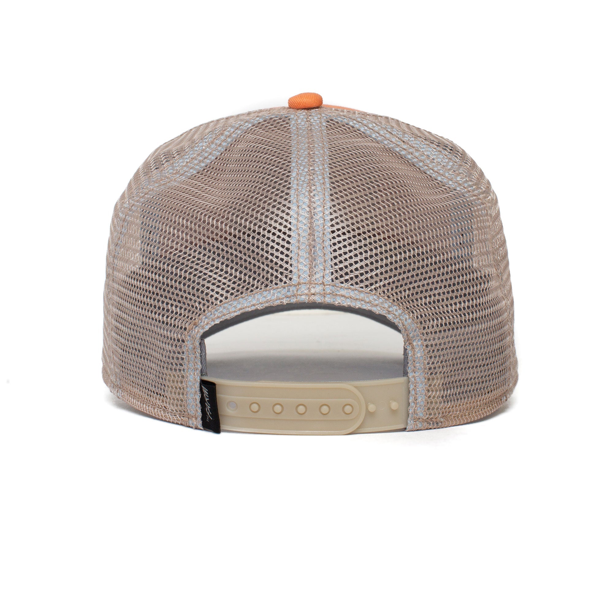 Back view of The GOAT beige mesh baseball cap, featuring an adjustable plastic snap closure for lasting style.