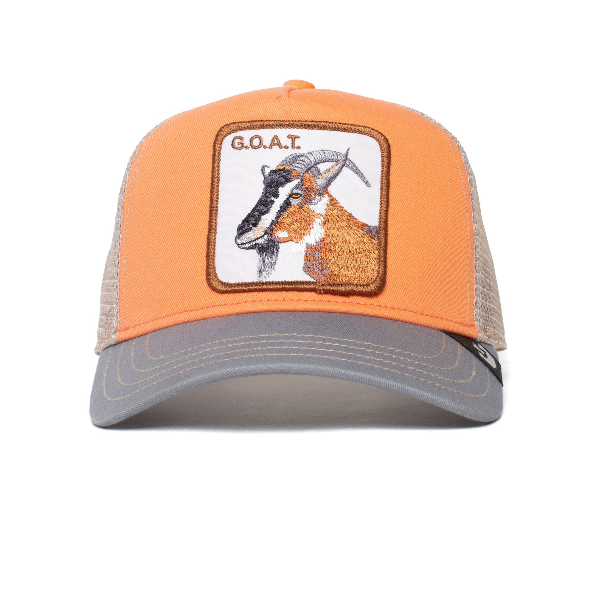 The GOAT hat features an orange and gray trucker design with a front patch of a goat and the text G.O.A.T. Colors may fade over time, giving this standout accessory unique character.