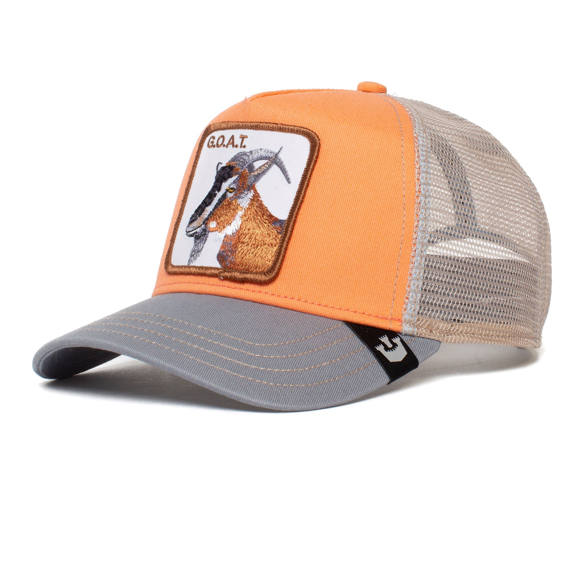 The GOAT is an orange and gray mesh cap featuring a playful goat patch and G.O.A.T. text on the front; colors may fade over time.