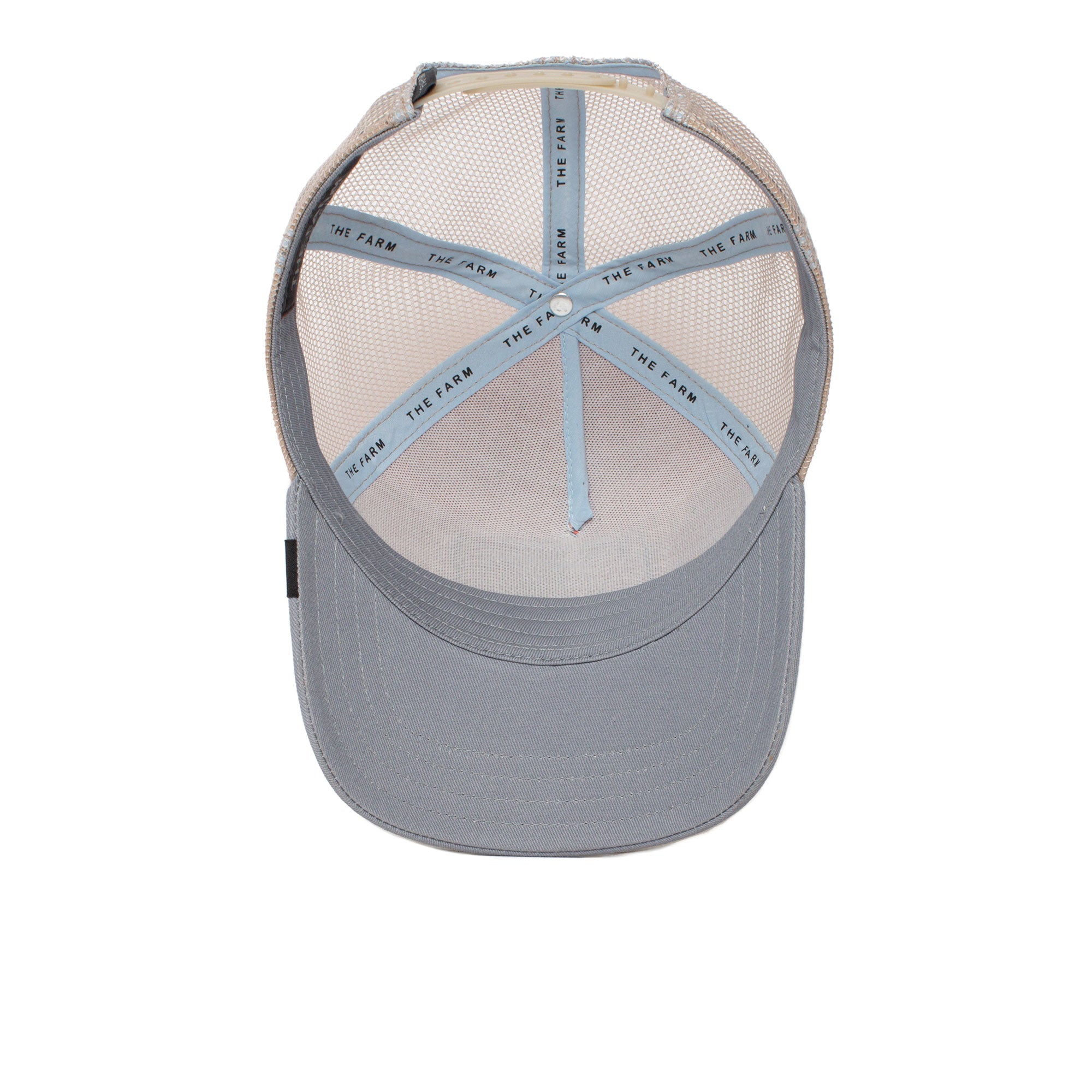 The GOAT gray mesh trucker hat seen from above reveals its blue THE FARM-labeled hatband—ideal for everyday wear and designed to gain unique character as the color naturally fades over time.