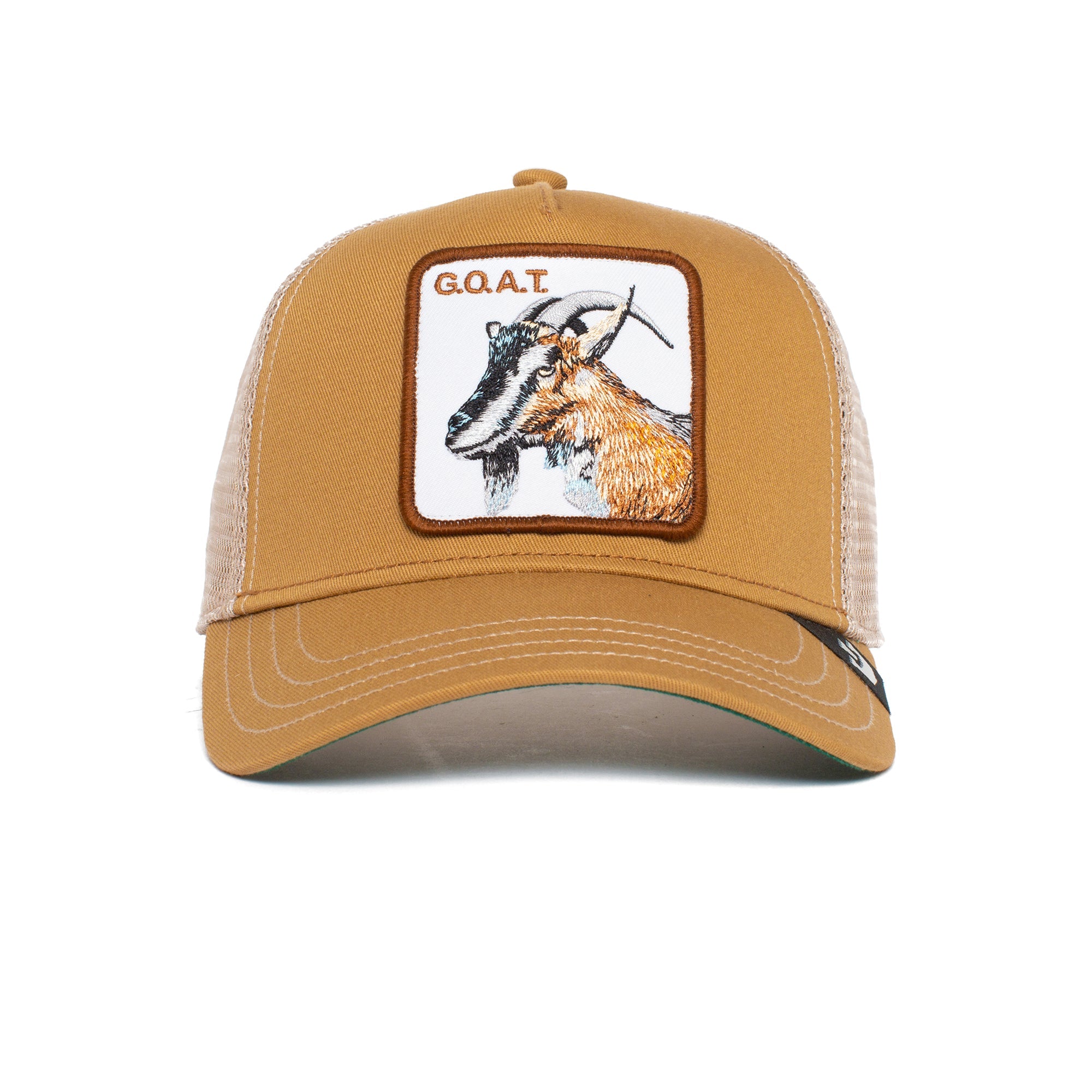 The GOAT khaki mesh trucker cap features a vibrant goat patch with G.O.A.T. on the front; colors may subtly fade over time for a vintage look.