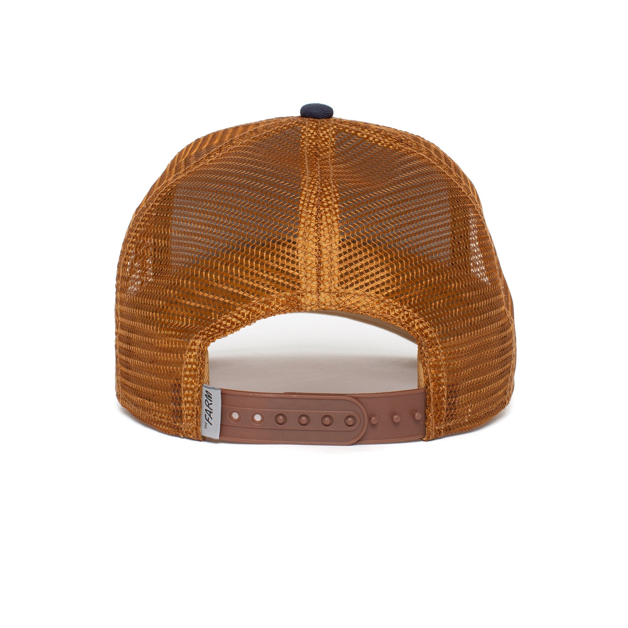 Back view of The GOAT brown mesh trucker hat featuring an adjustable snapback closure that may gently fade over time.