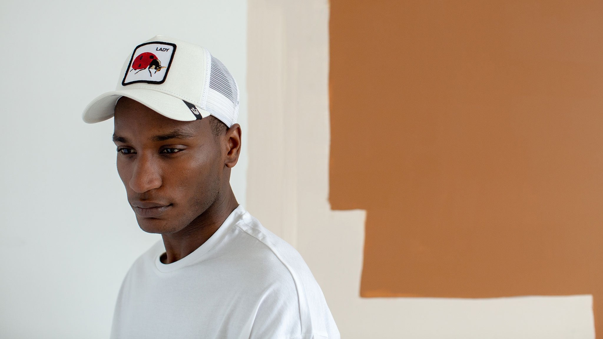Goorin Bros. spot cotton 5 panel baseball cap Ivory hero shot on male model
