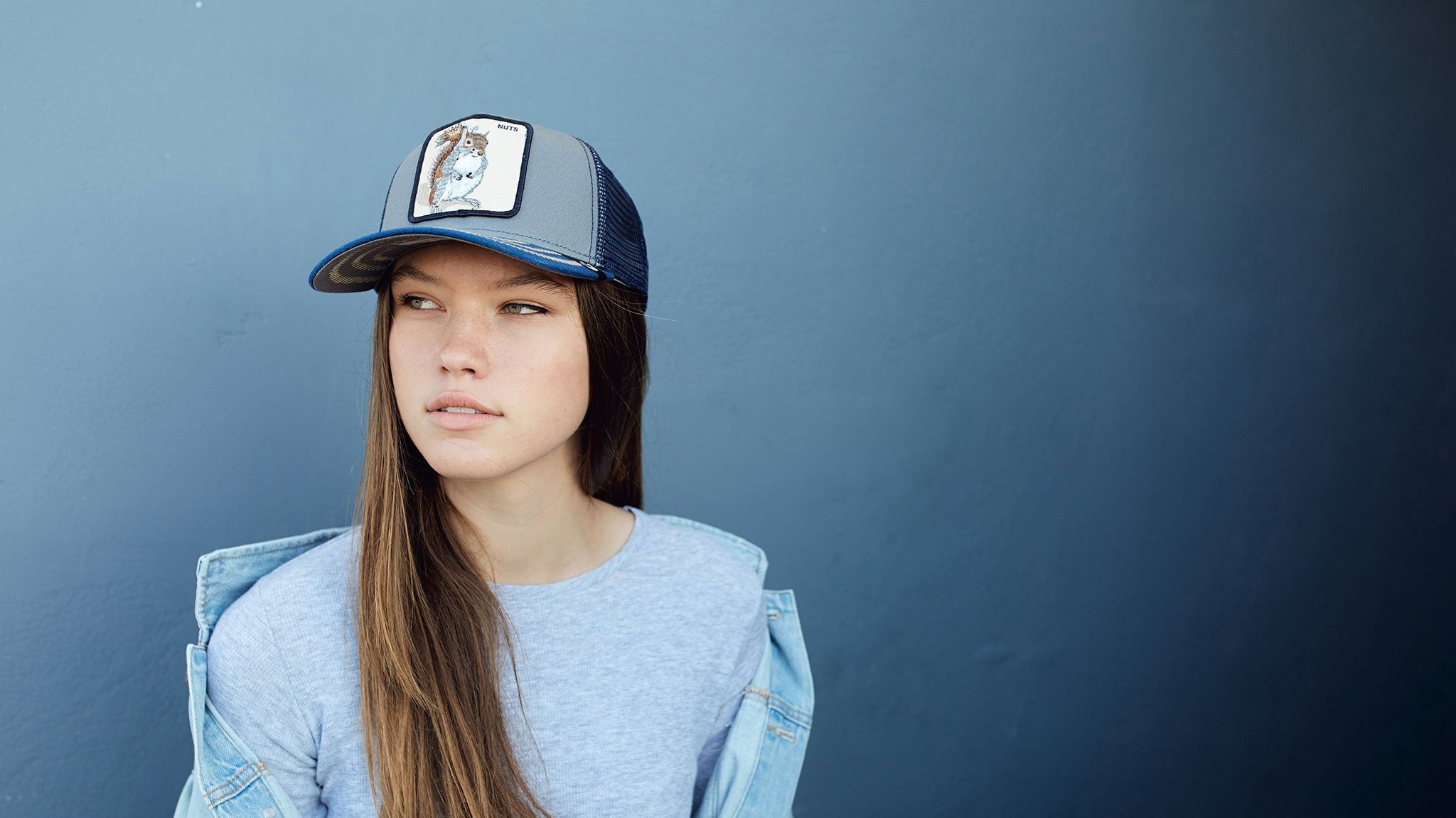 Goorin Bros. squirrel master trucker baseball cap Blue hero shot on female model
