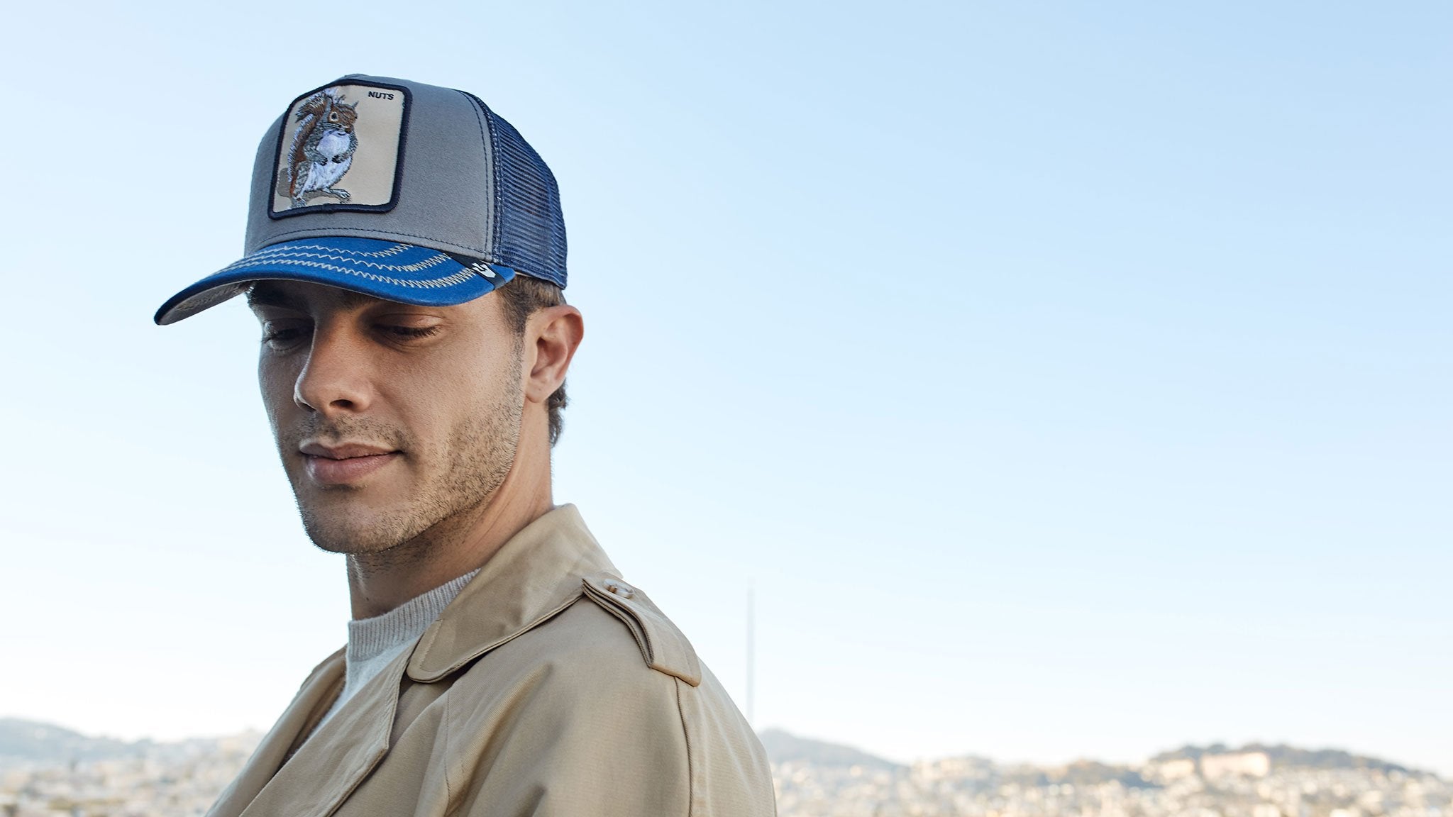 Goorin Bros. squirrel master trucker baseball cap Blue hero shot on male model