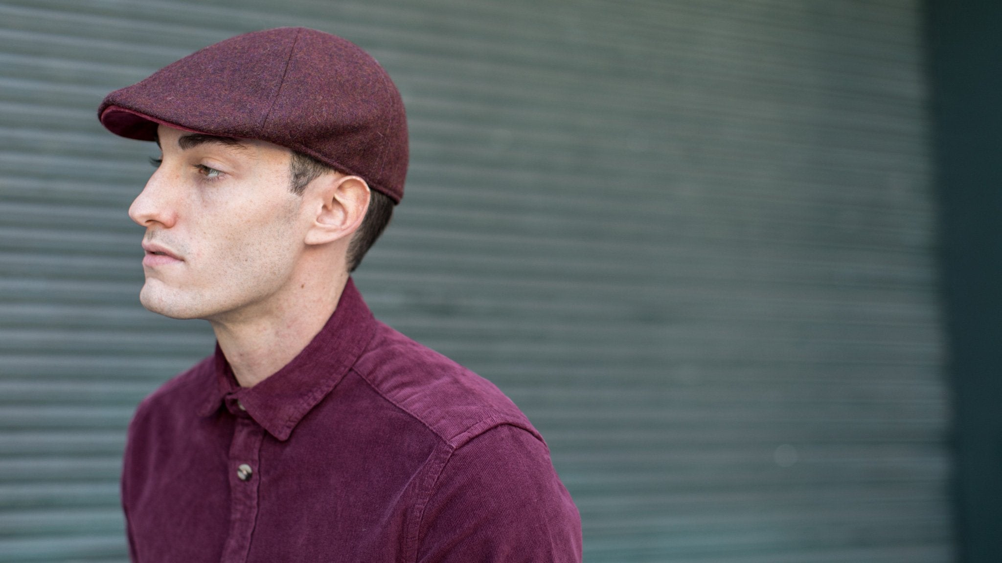 Goorin Bros. wrigley wool blend 6 panel duckbill flatcap Burgundy hero shot on male model