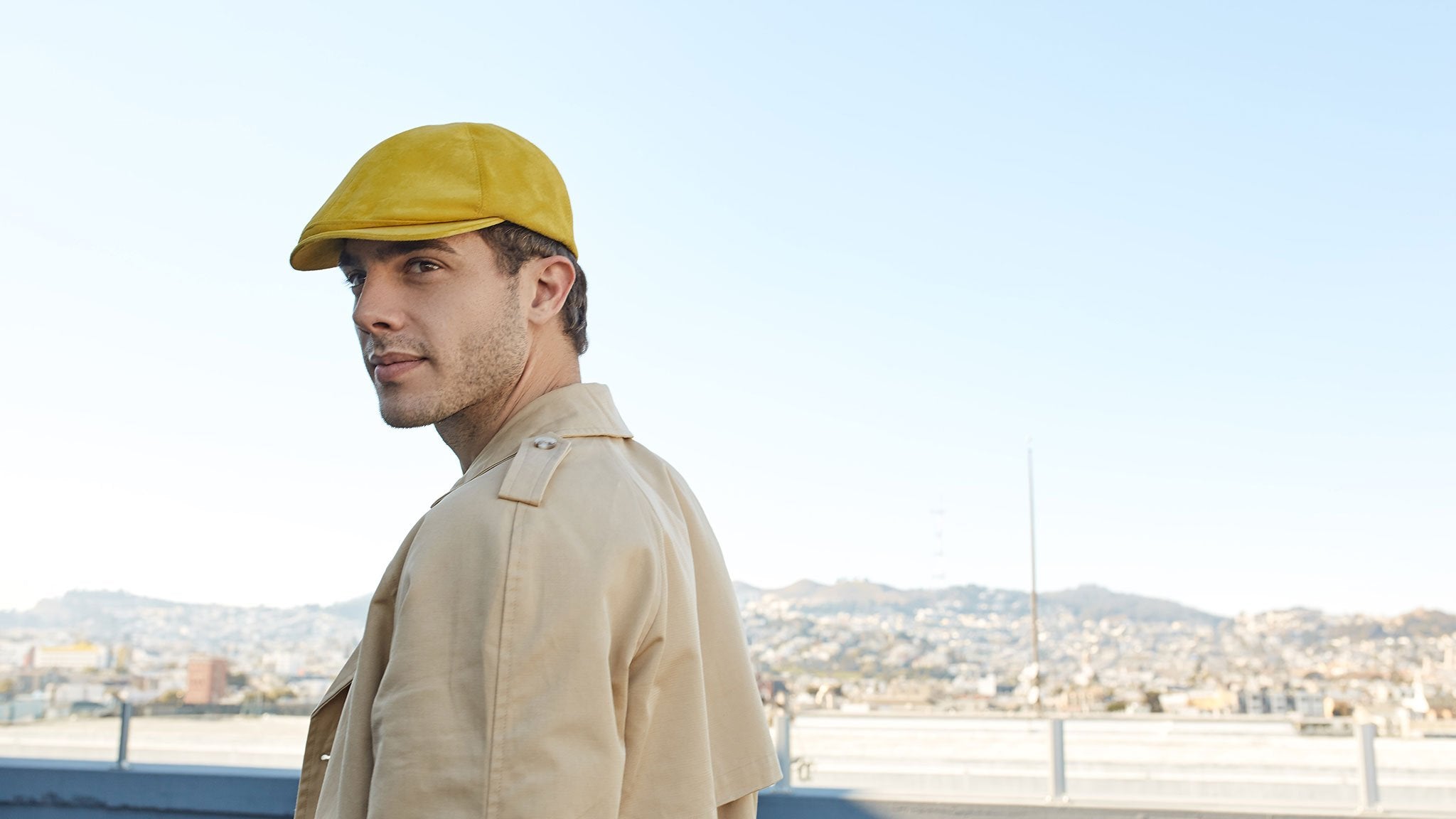 Goorin Bros. slim bill suede 6 panel ivy flatcap Yellow hero shot on male model