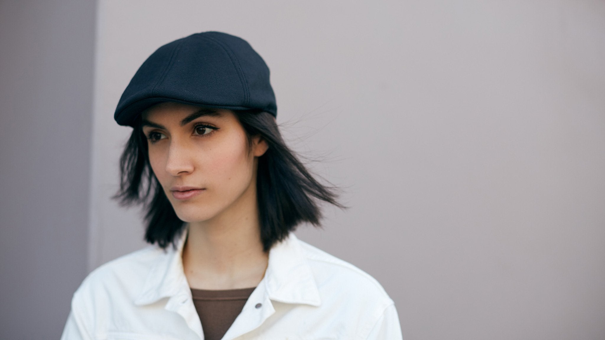 Goorin Bros. old town acrylic duckbill ivy flatcap Black hero shot on female model