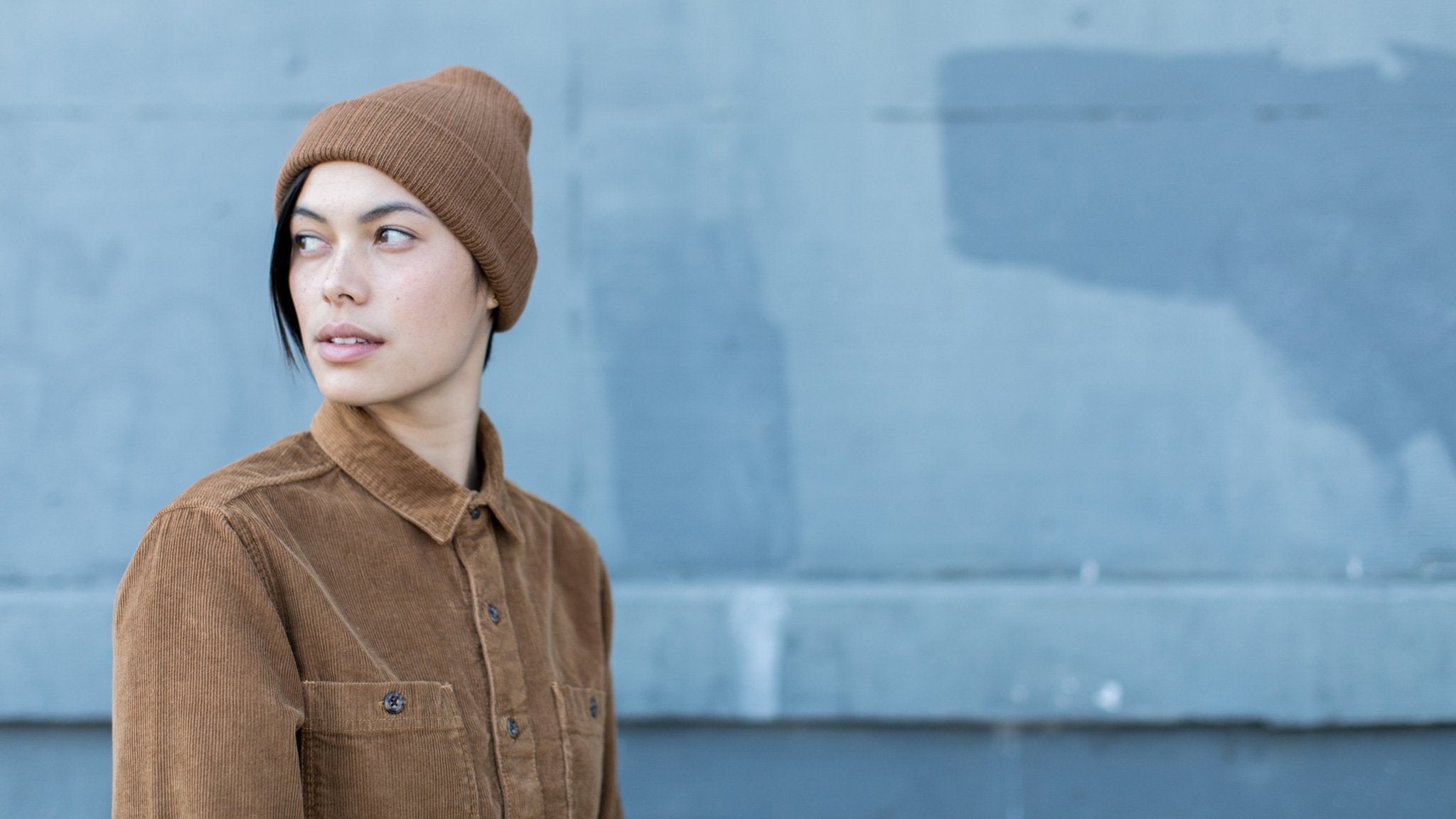 Goorin Bros. dark knight acrylic knit beanie Copper hero shot on female model