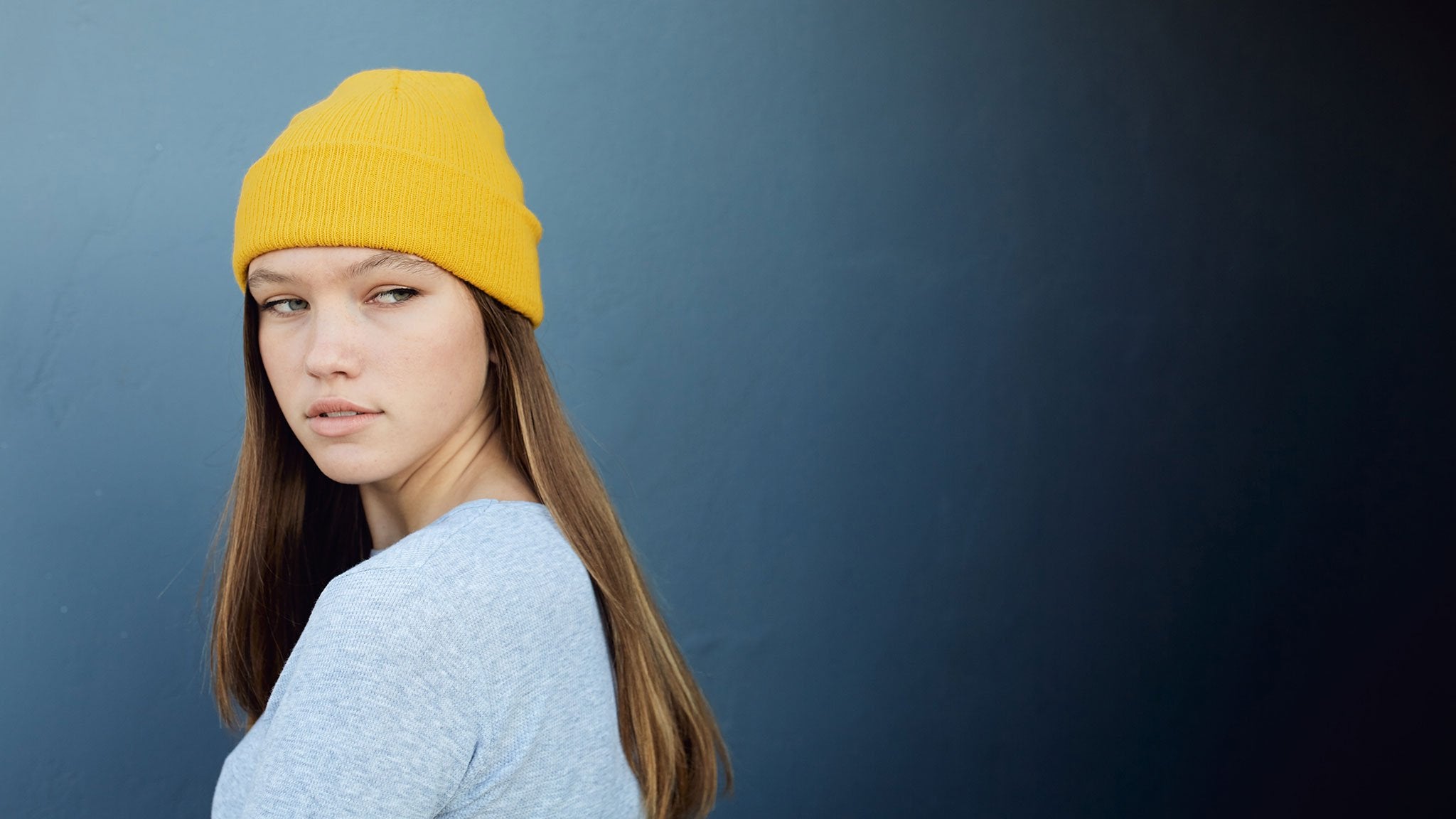 Goorin Bros. dark knight acrylic knit beanie Yellow hero shot on female model