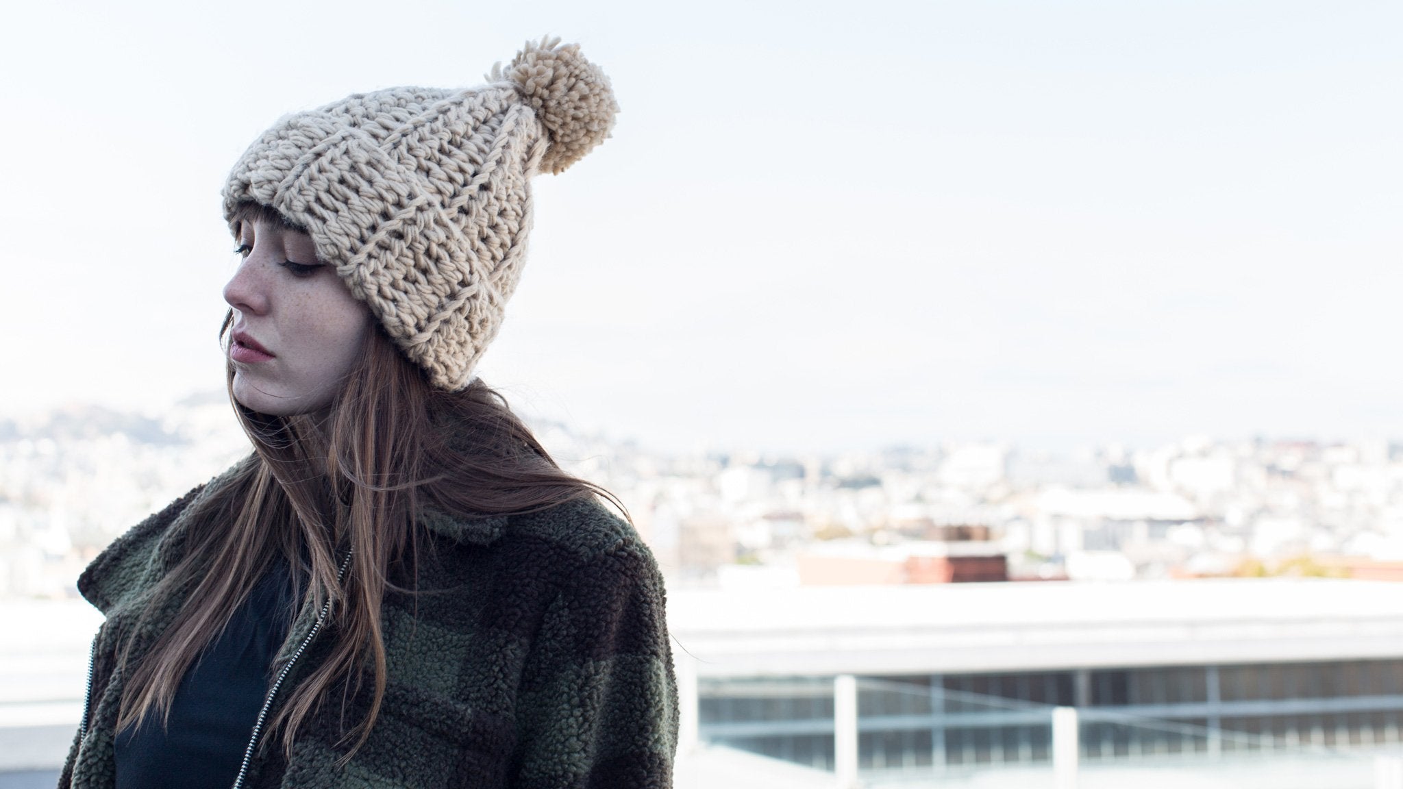 Goorin Bros. nippy acrylic beanie Tan hero shot on female model