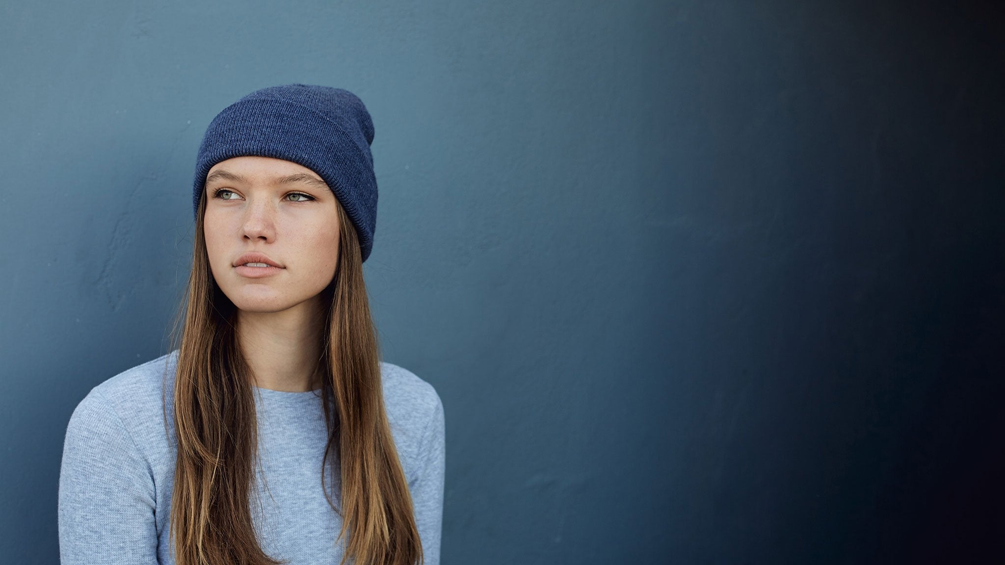 Goorin Bros. flash mob acrylic knit beanie Blue hero shot on female model