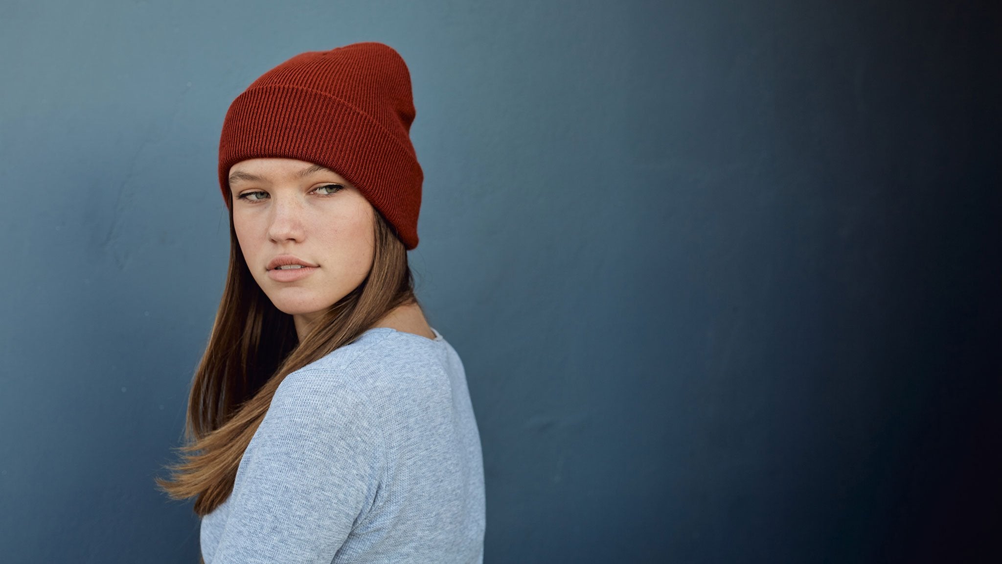 Goorin Bros. flash mob acrylic knit beanie Red hero shot on female model