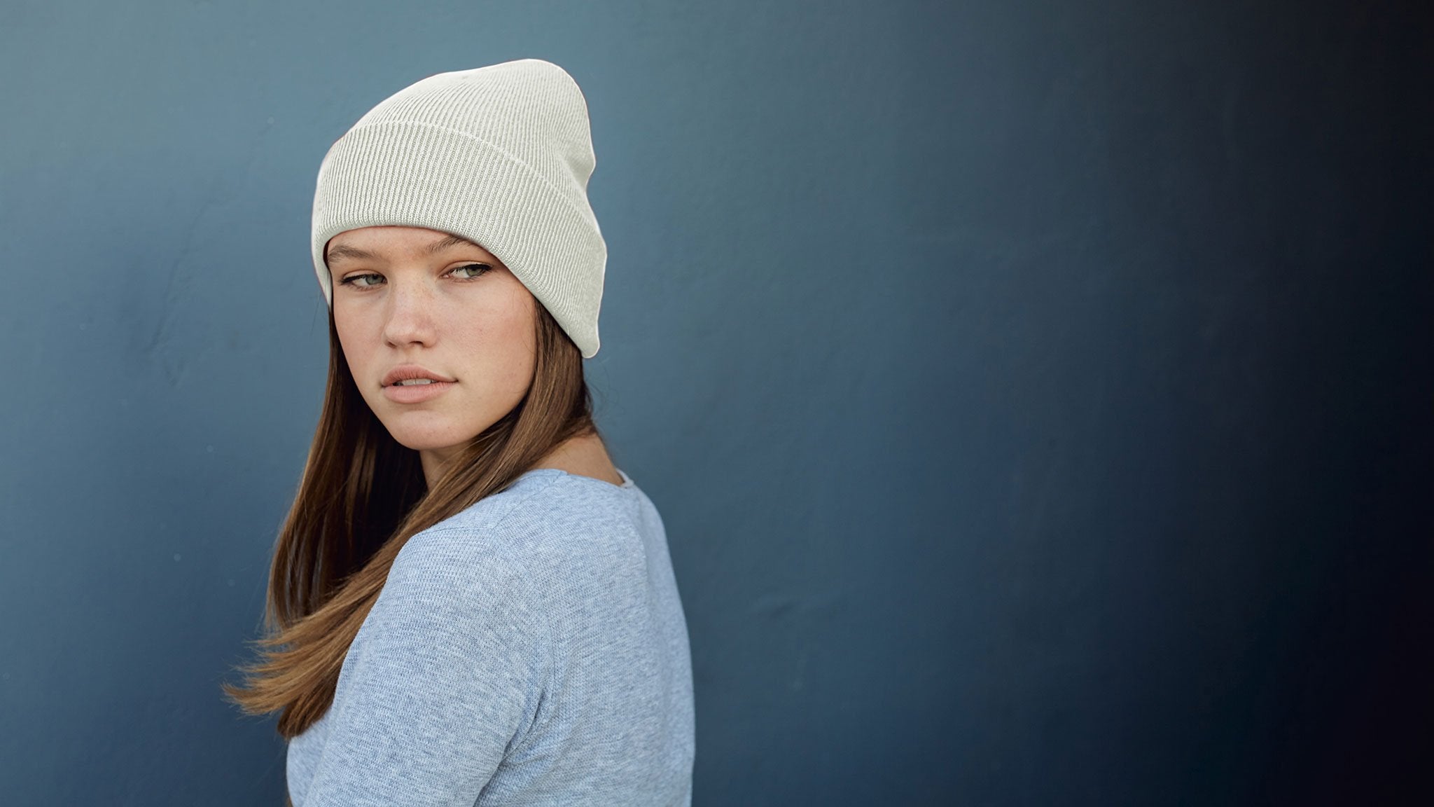 Goorin Bros. flash mob acrylic knit beanie White hero shot on female model