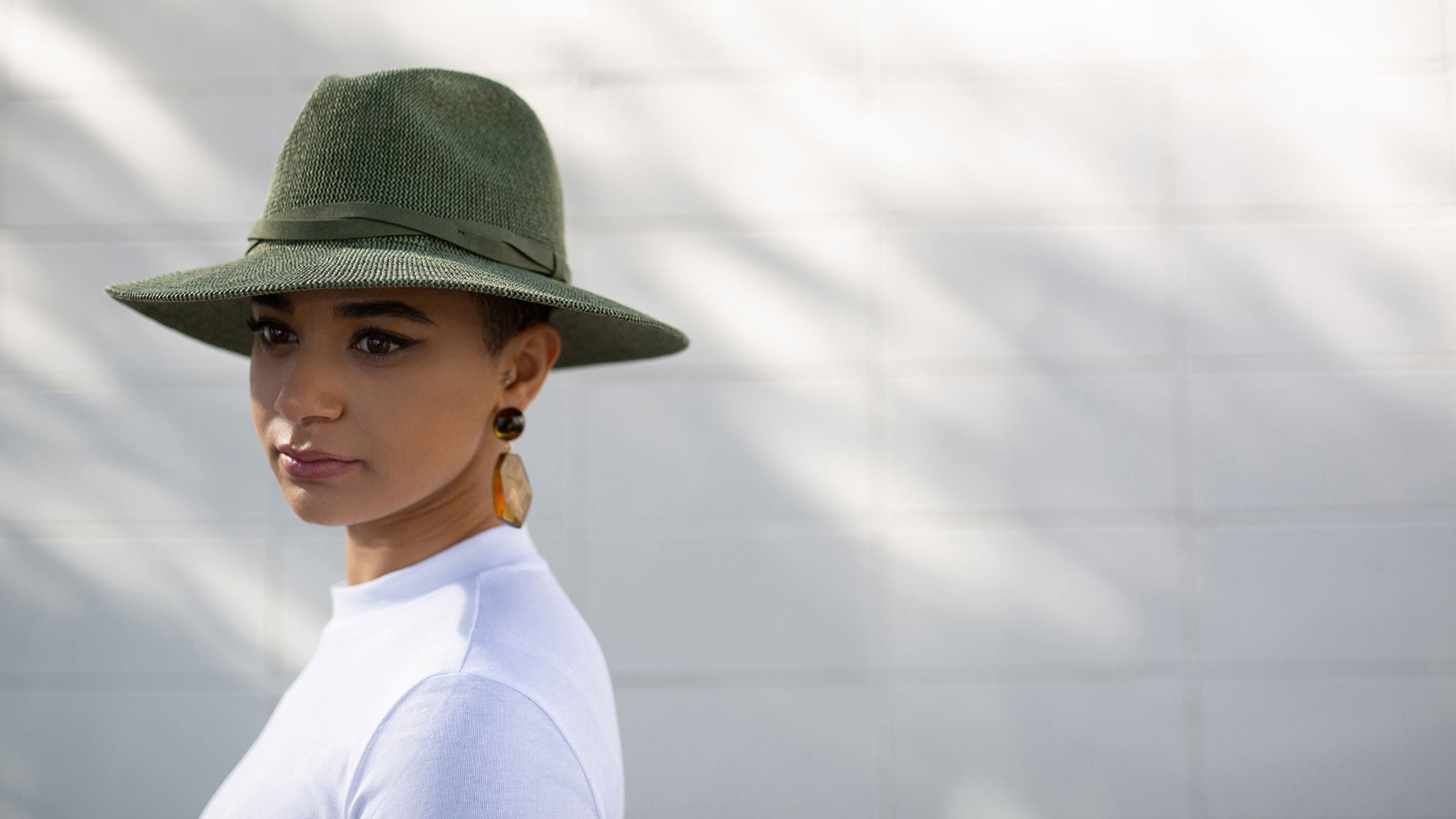 Goorin Bros. fatima center dent wide brim paper poly blend fedora hat Olive hero shot on female model