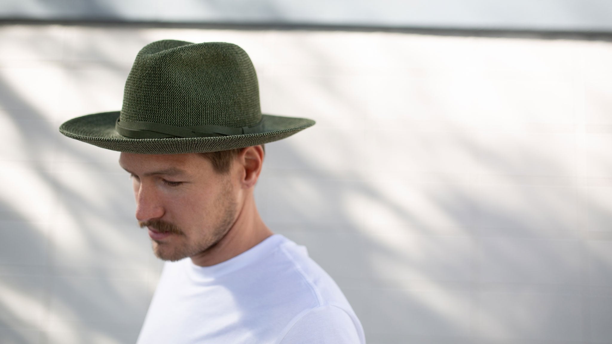 Goorin Bros. fatima center dent wide brim paper poly blend fedora hat Olive hero shot on male model