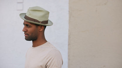 Goorin Bros. dan pines center dent medium brim linen fedora hat Sage hero shot on male model