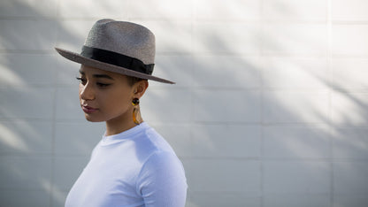 Goorin Bros. puerto lopez center dent wide brim straw fedora hat Grey hero shot on female model