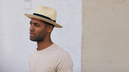 Goorin Bros. puerto lopez center dent wide brim straw fedora hat Natural hero shot on male model