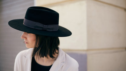 Goorin Bros. silent sam wool wide brim fedora Black hero shot on female model